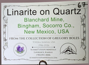 Linarite on Quartz, Blanchard Mine, New Mexico, USA