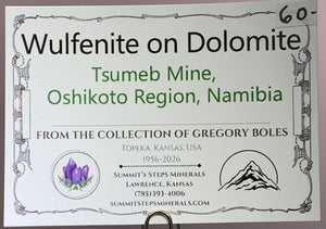 Wulfenite on Dolomite, Tsumeb Mine, Namibia