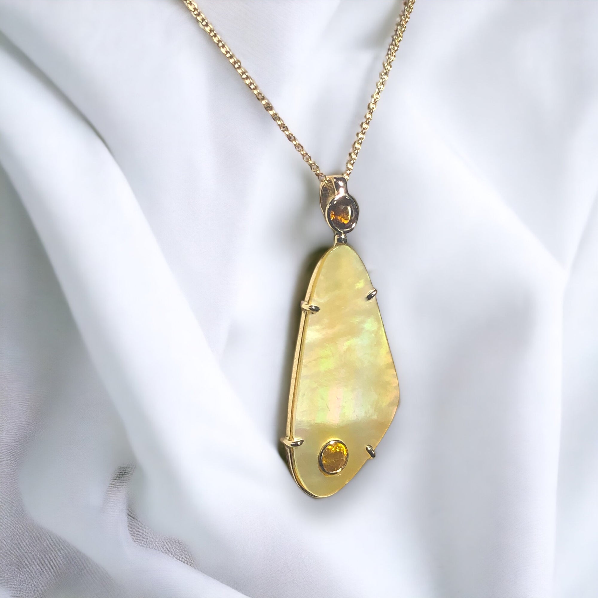 14k Yellow Gold Sapphire & Citrine Pendant w/ Mother of Pearl