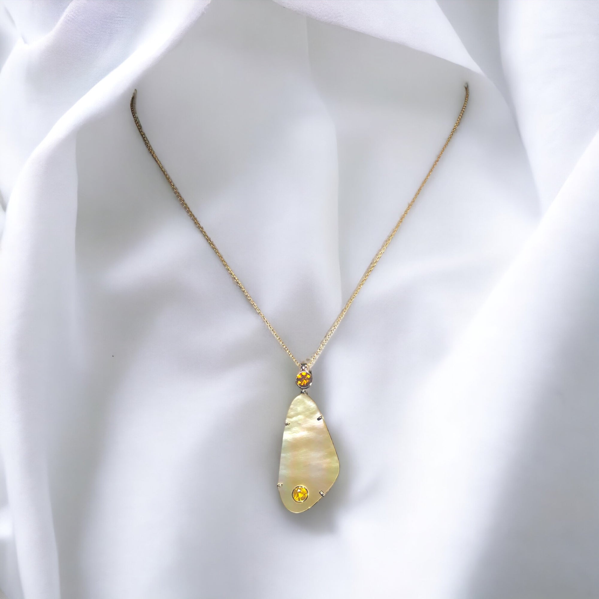 14k Yellow Gold Sapphire & Citrine Pendant w/ Mother of Pearl