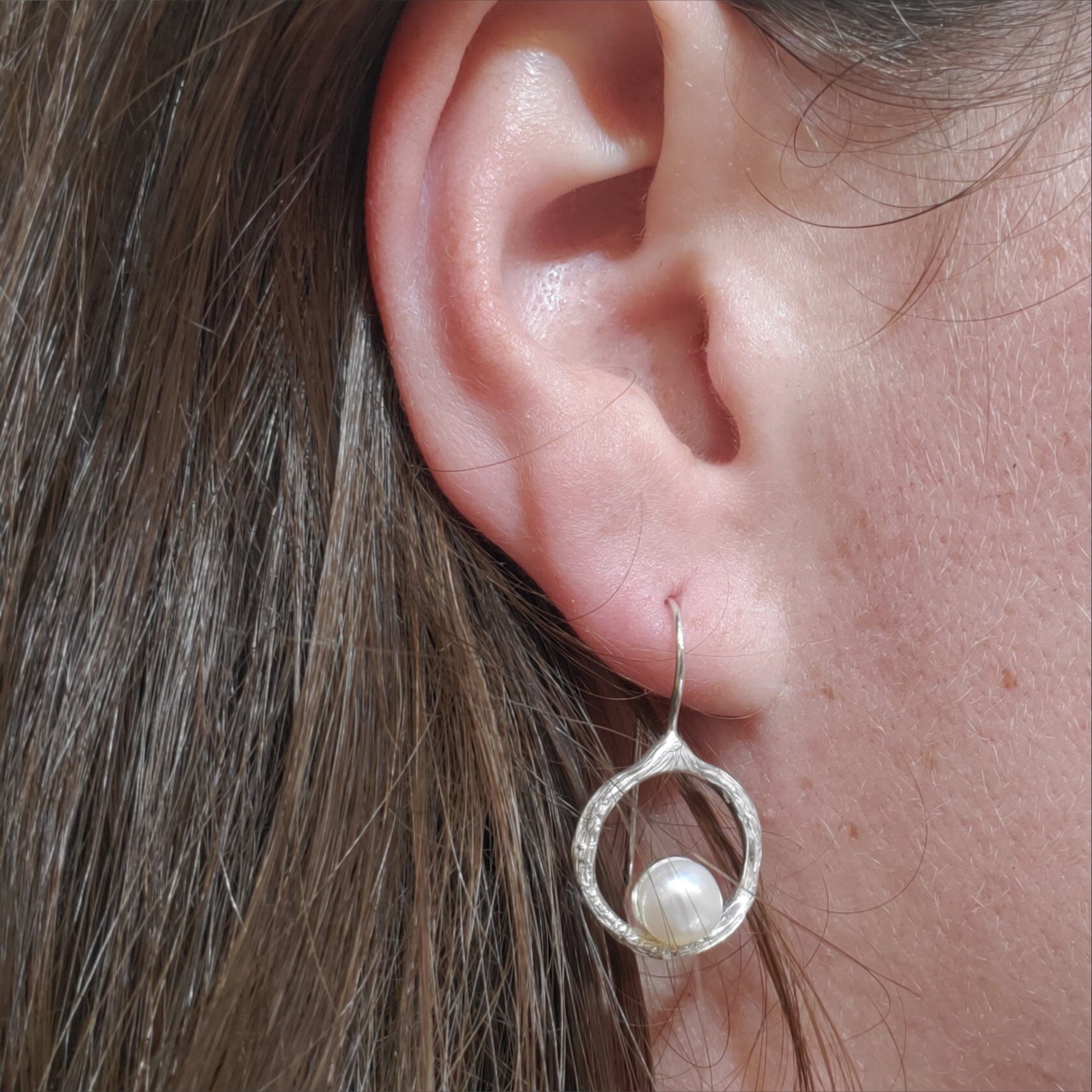Silver Button Pearl Earrings