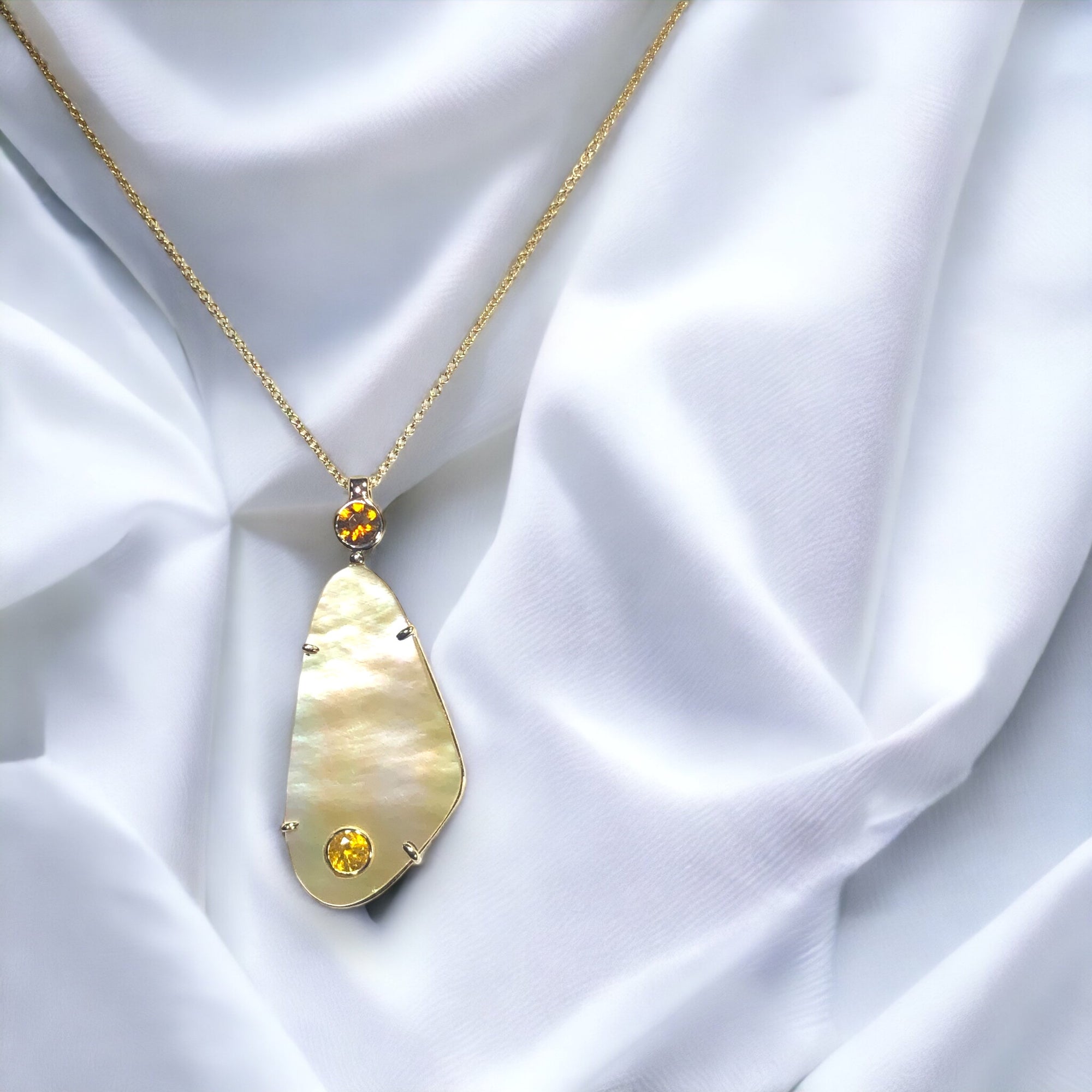 14k Yellow Gold Sapphire & Citrine Pendant w/ Mother of Pearl