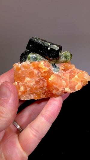 Ferrosilite & Fluorapatite on Calcite, Yates Mine, Canada