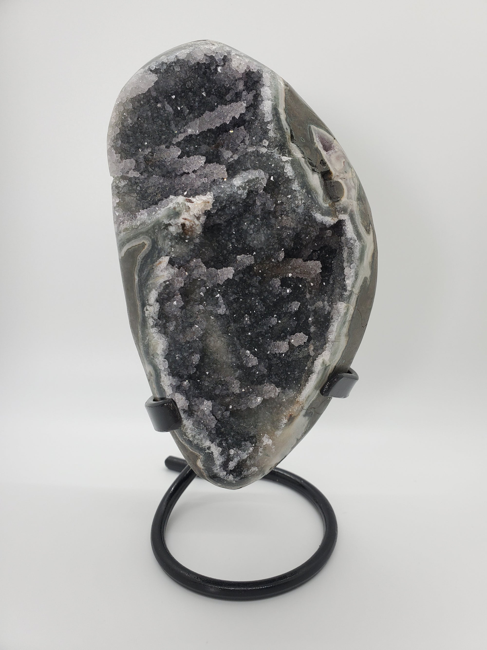 Druzy Black Quartz Formation w/ Stalactites on Custom Metal Stand (Uruguay)