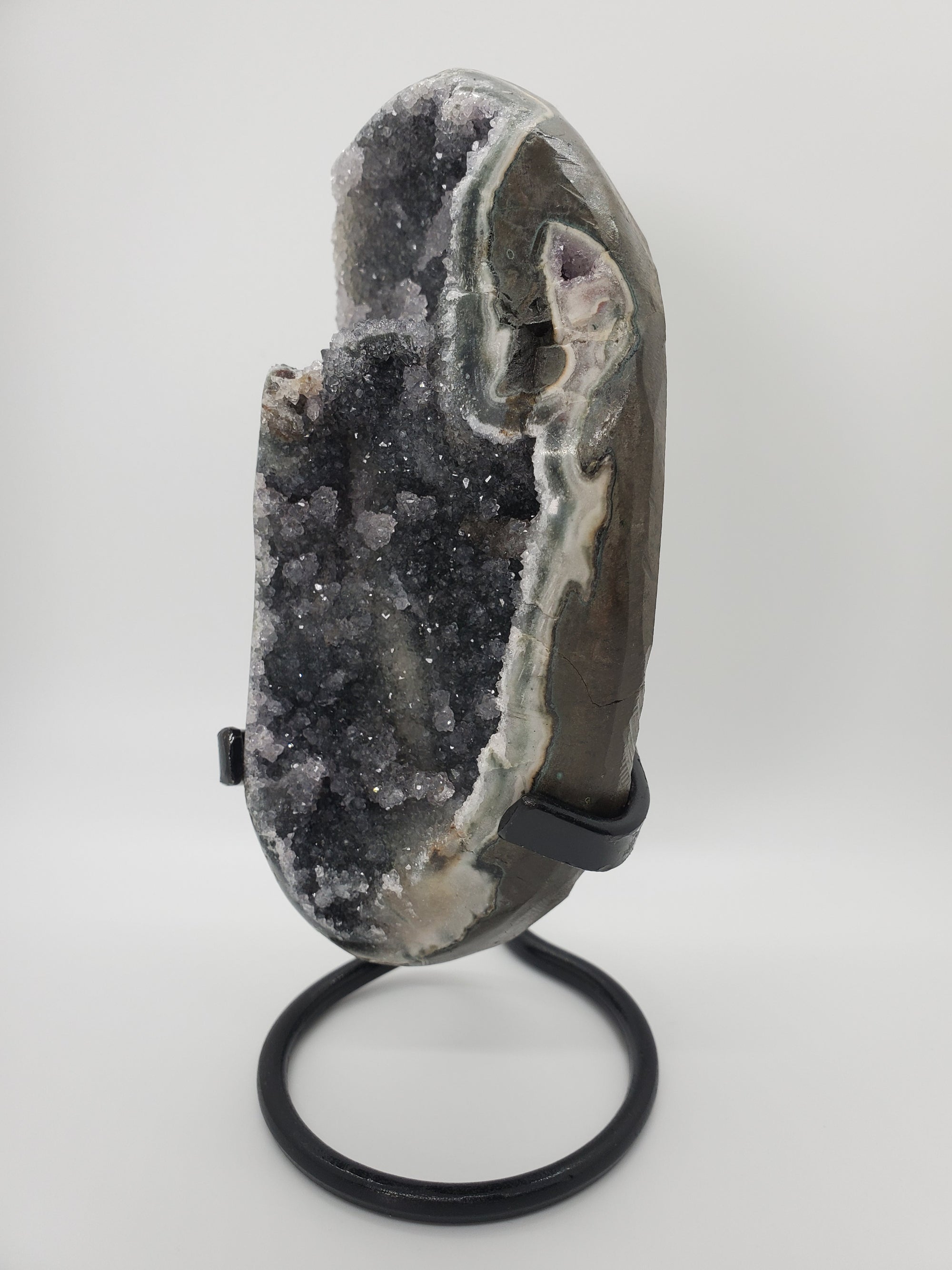 Druzy Black Quartz Formation w/ Stalactites on Custom Metal Stand (Uruguay)
