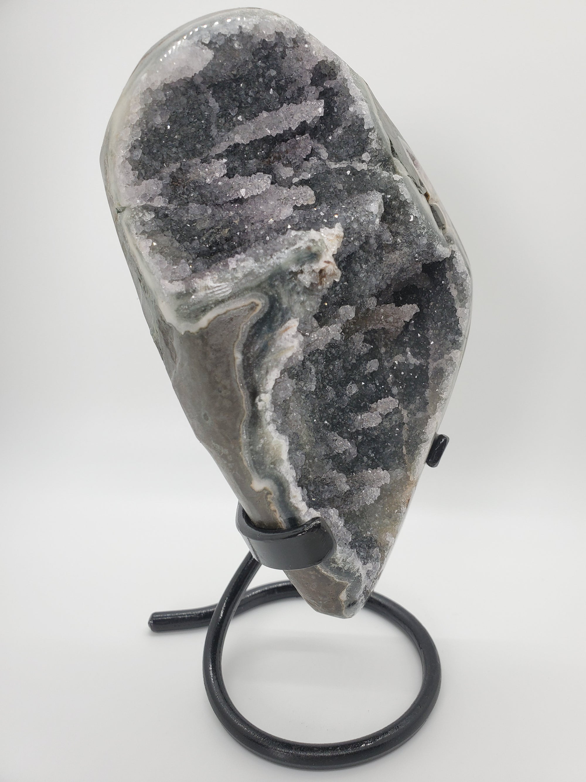 Druzy Black Quartz Formation w/ Stalactites on Custom Metal Stand (Uruguay)