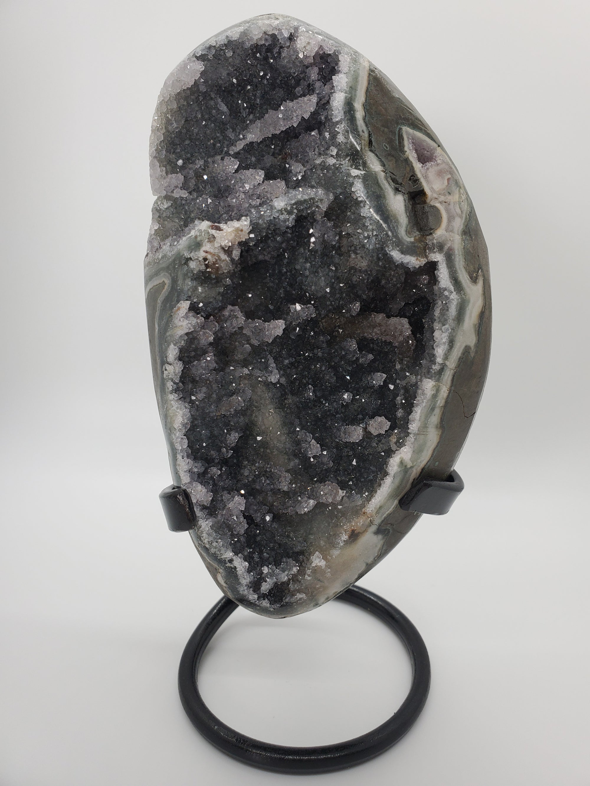 Druzy Black Quartz Formation w/ Stalactites on Custom Metal Stand (Uruguay)