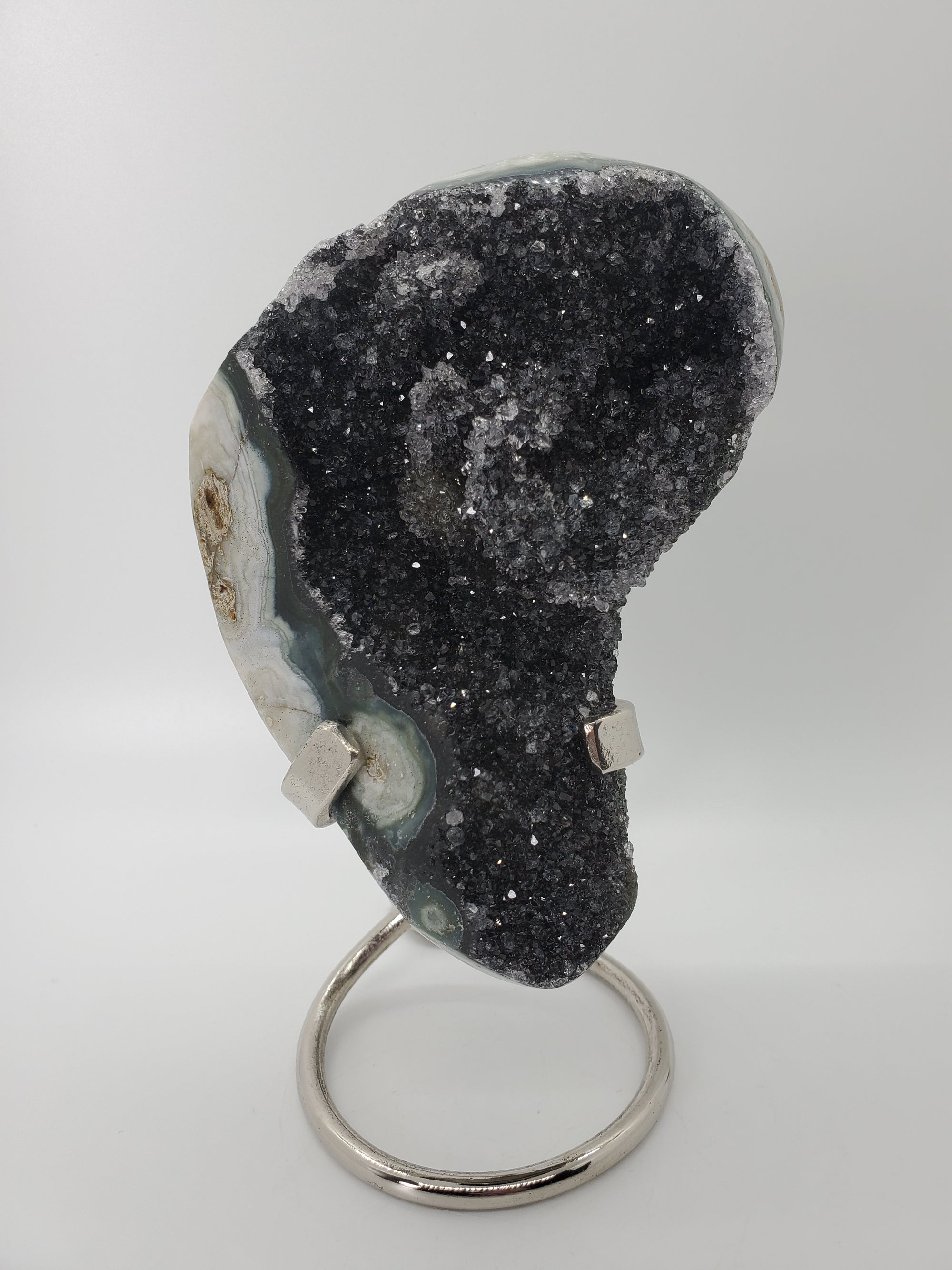 Druzy Black Quartz Formation on Custom Metal Stand (Uruguay)