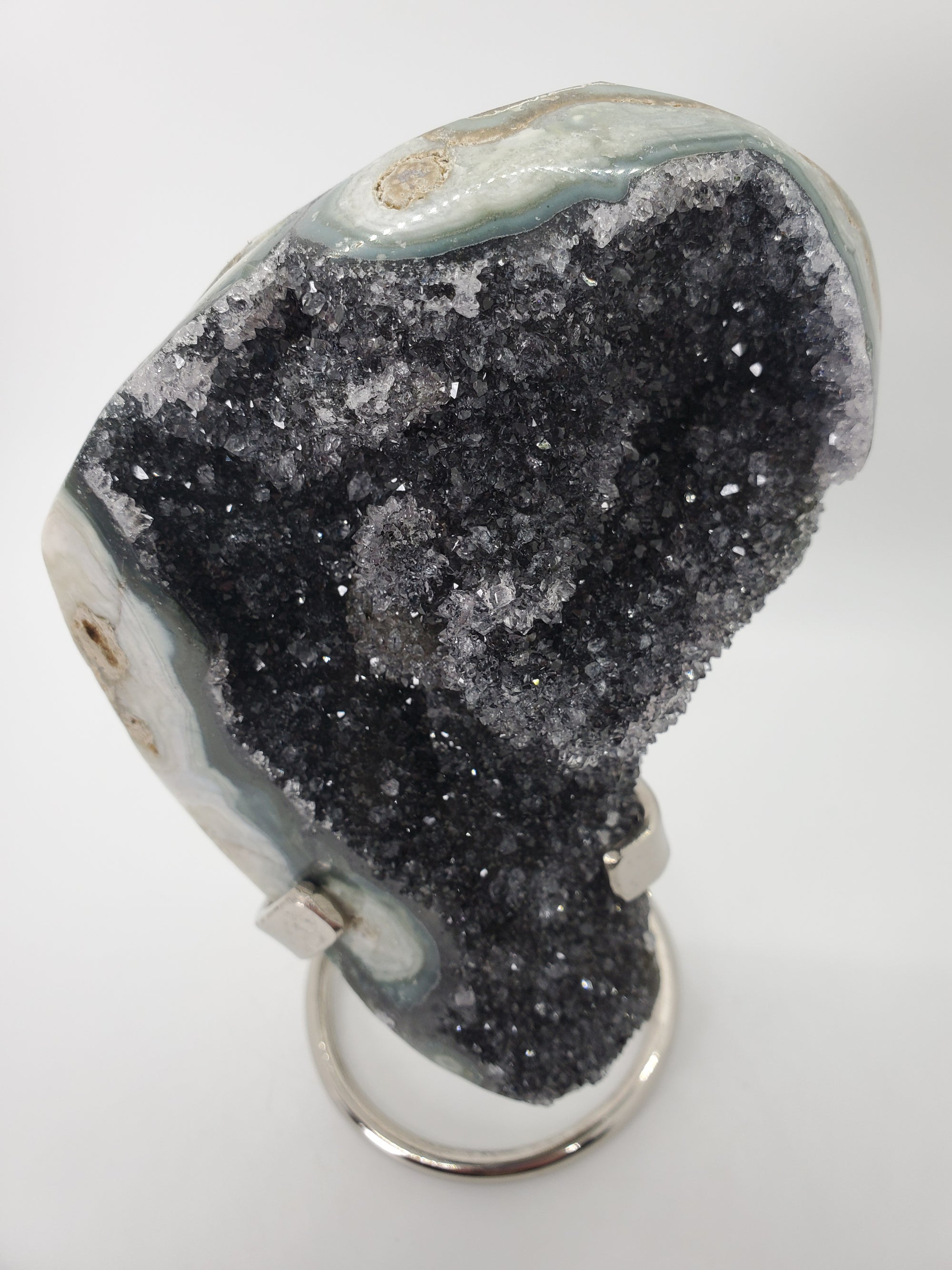 Druzy Black Quartz Formation on Custom Metal Stand (Uruguay)