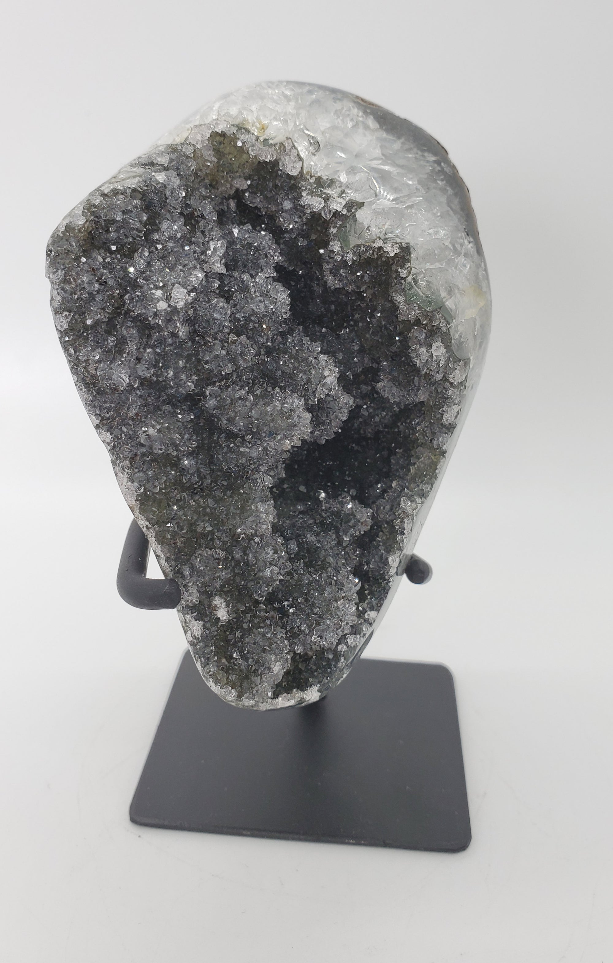 Druzy Black Quartz Formation on Custom Metal Stand (Uruguay)