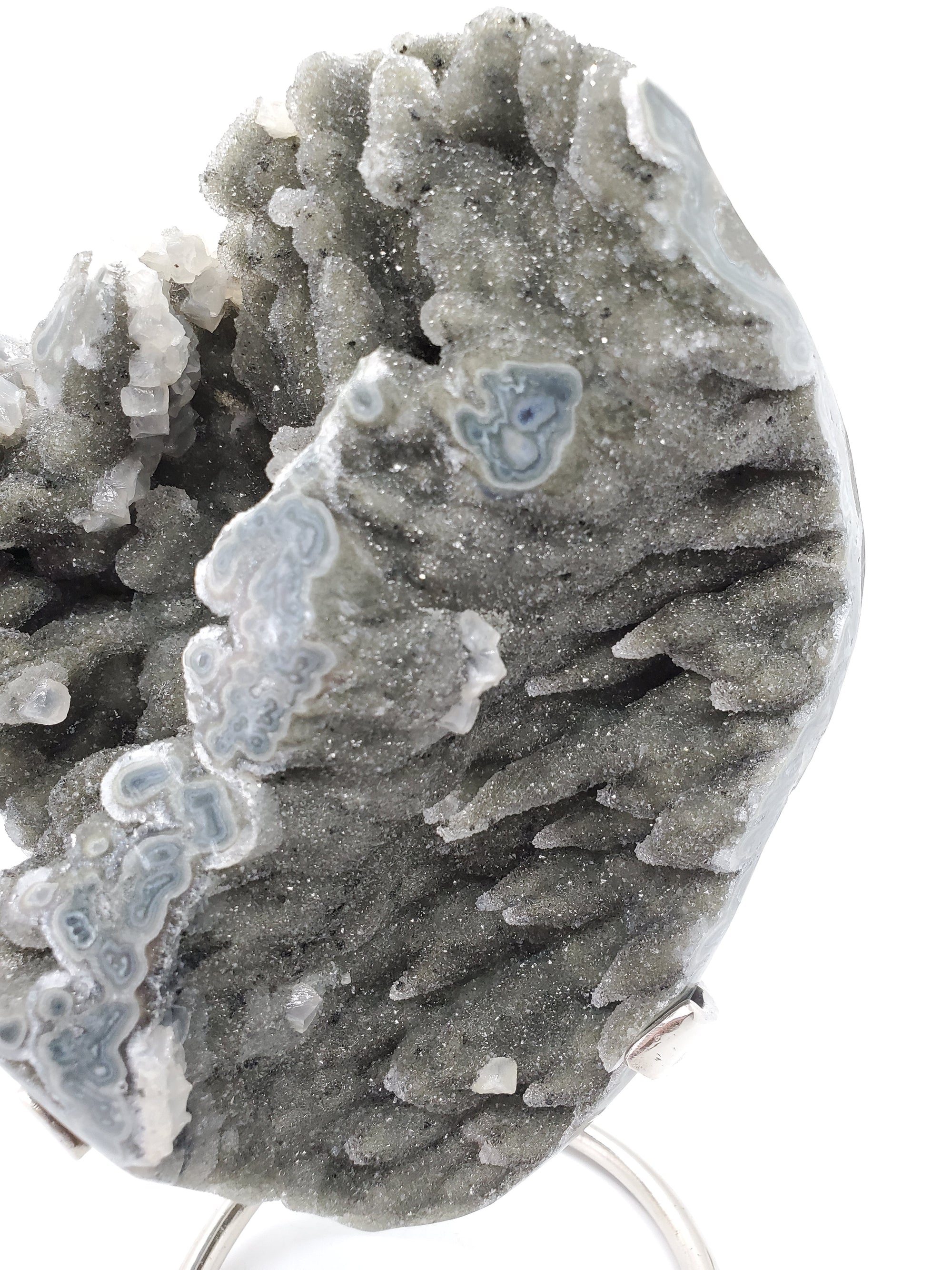 Druzy Quartz Stalactite Formation w/ Calcite on Custom Metal Stand,  Uruguay