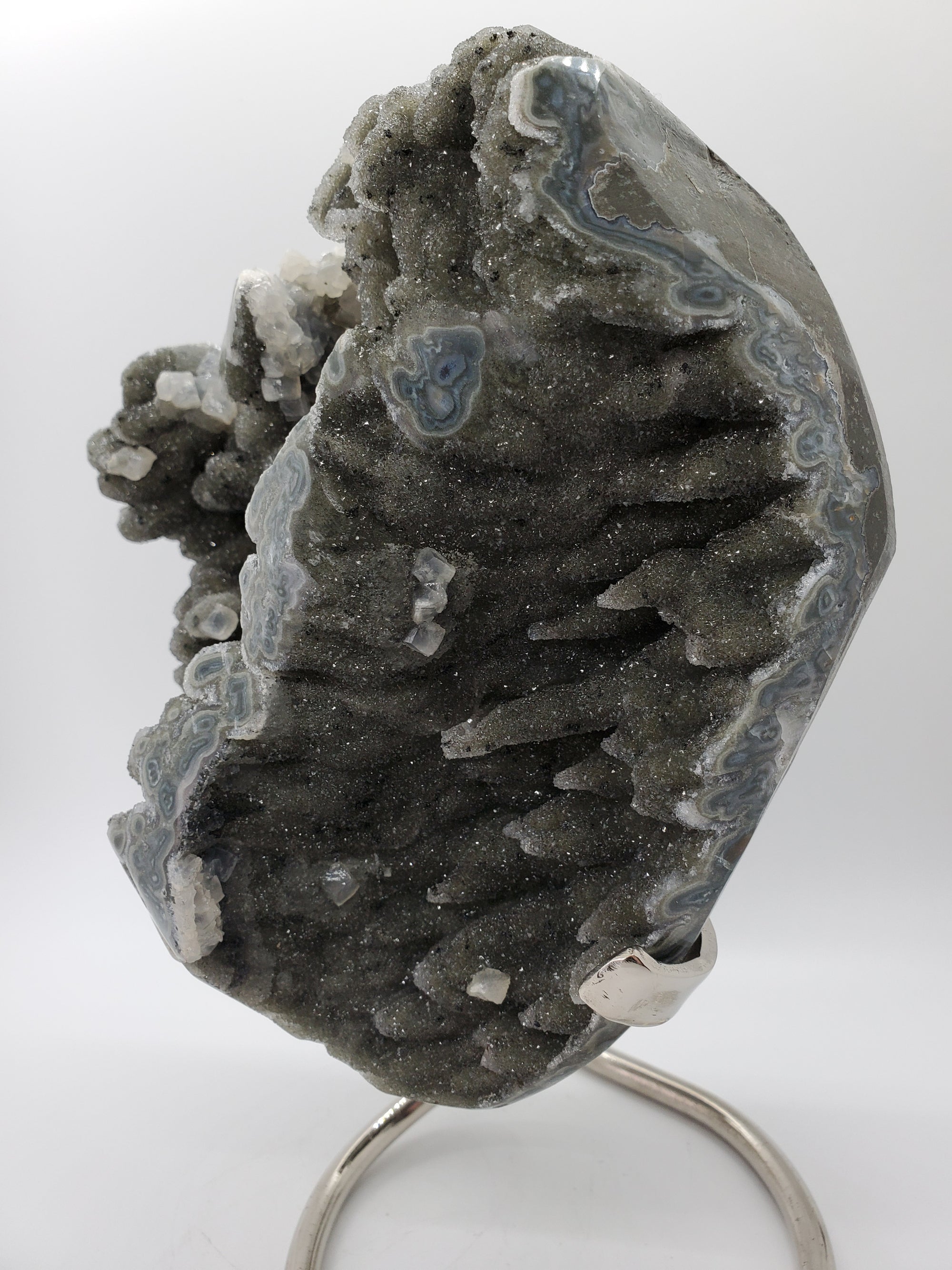 Druzy Quartz Stalactite Formation w/ Calcite on Custom Metal Stand,  Uruguay