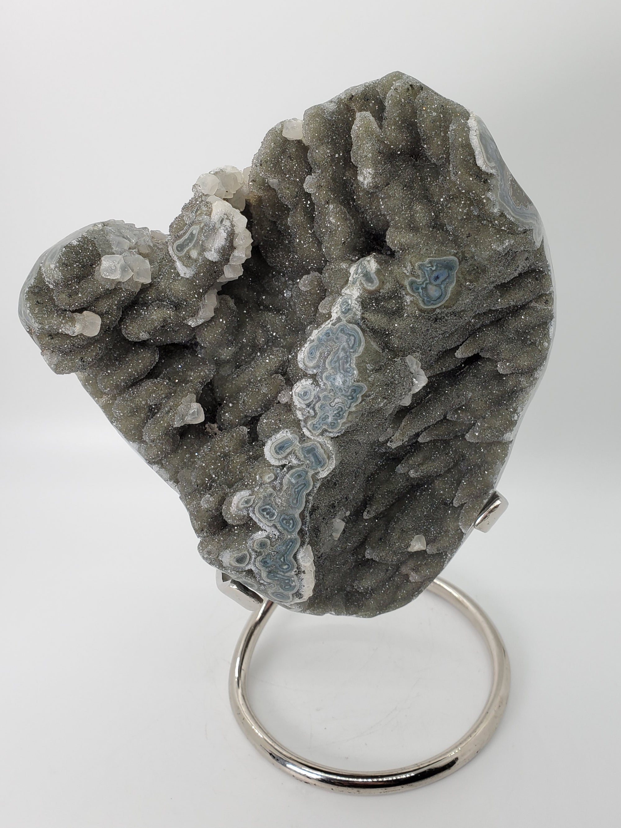 Druzy Quartz Stalactite Formation w/ Calcite on Custom Metal Stand,  Uruguay