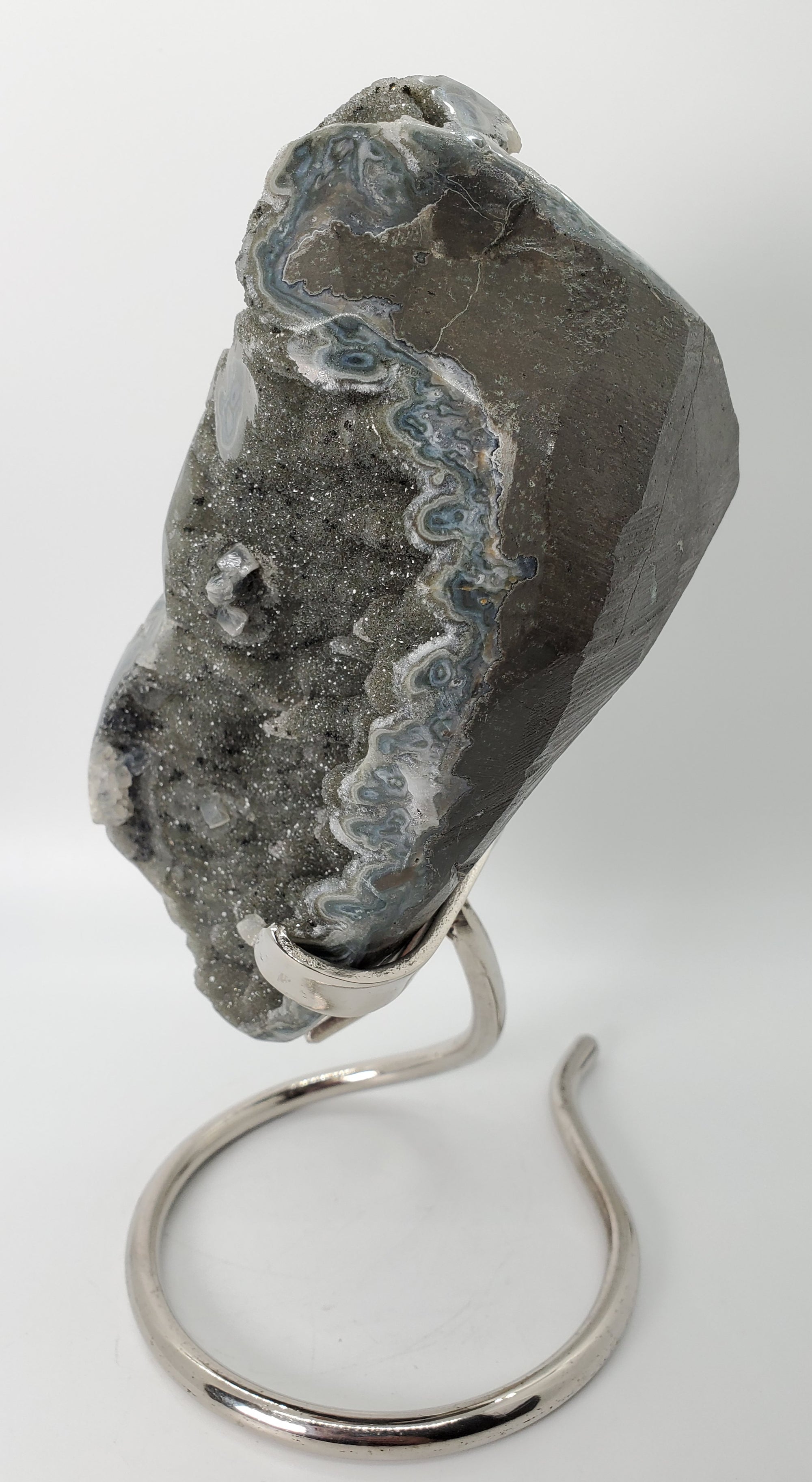 Druzy Quartz Stalactite Formation w/ Calcite on Custom Metal Stand,  Uruguay