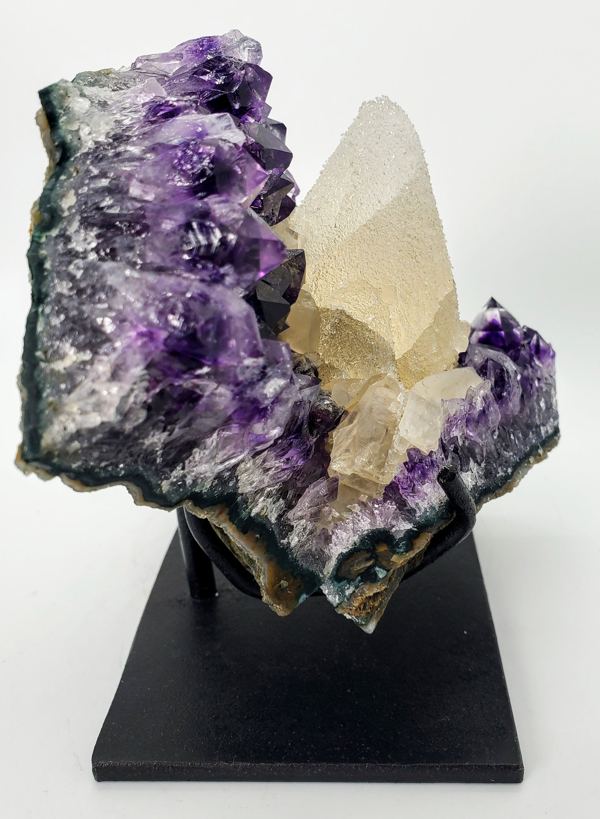 Amethyst and Druzy Calcite on Custom Stand, Uruguay