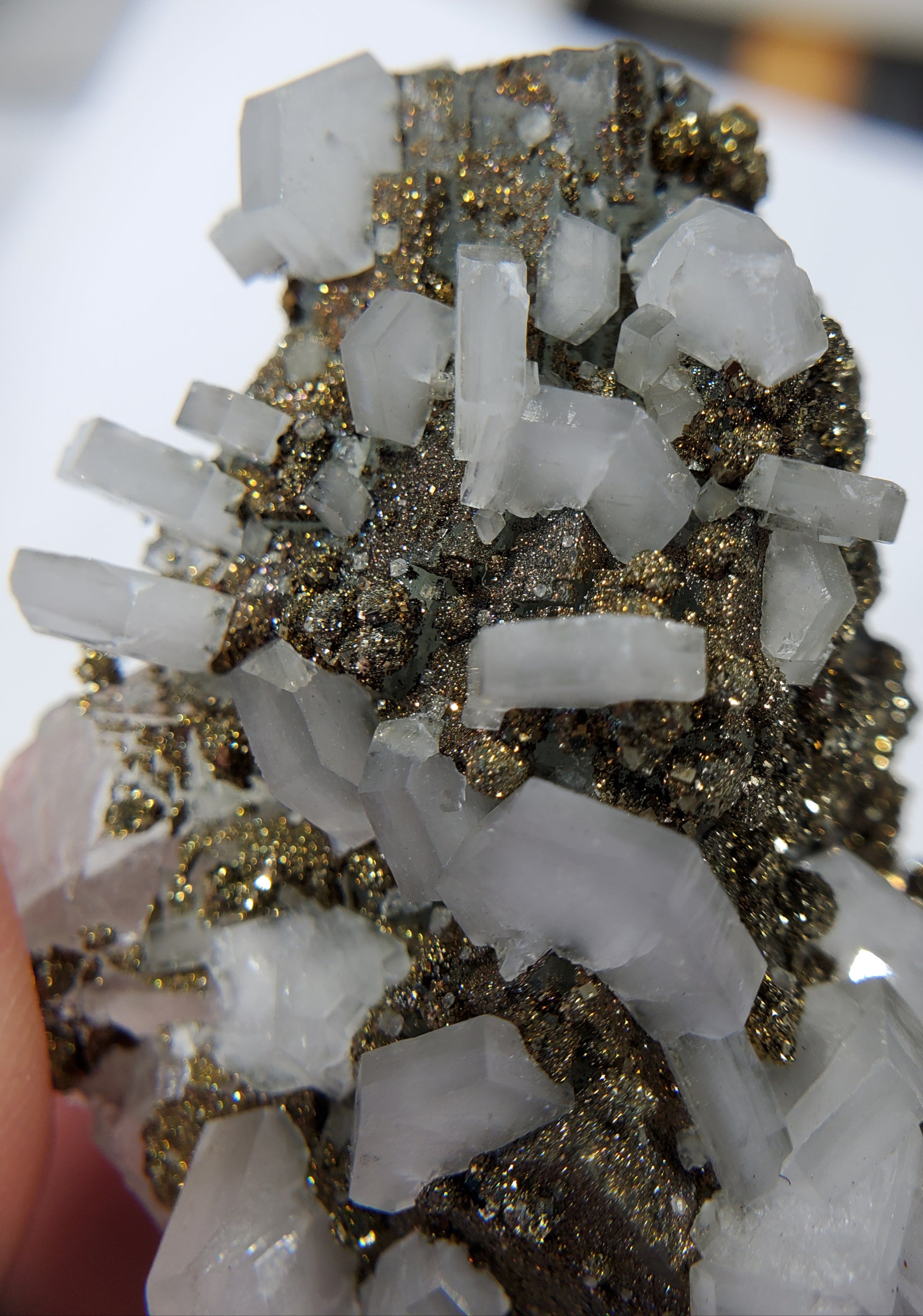 Calcite and Pyrite on Fluorite