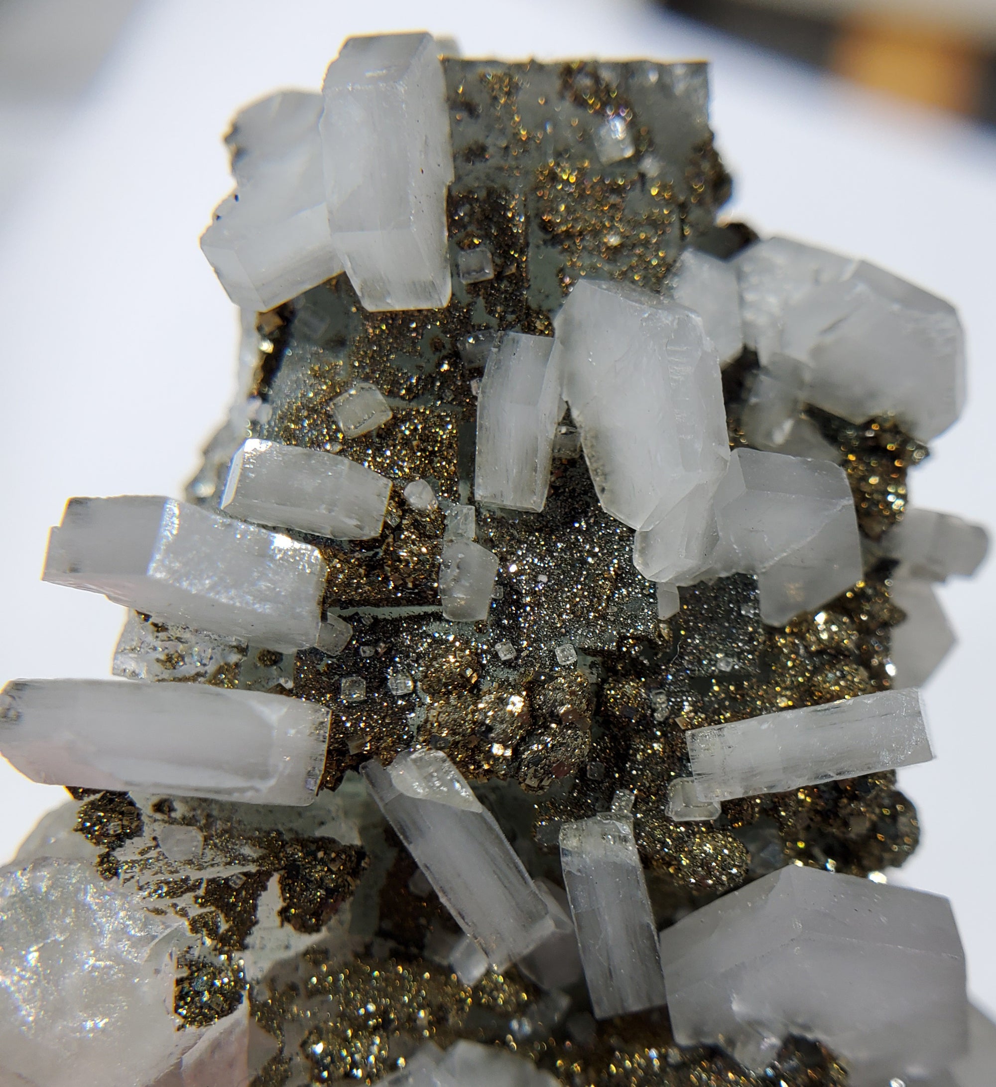 Calcite and Pyrite on Fluorite
