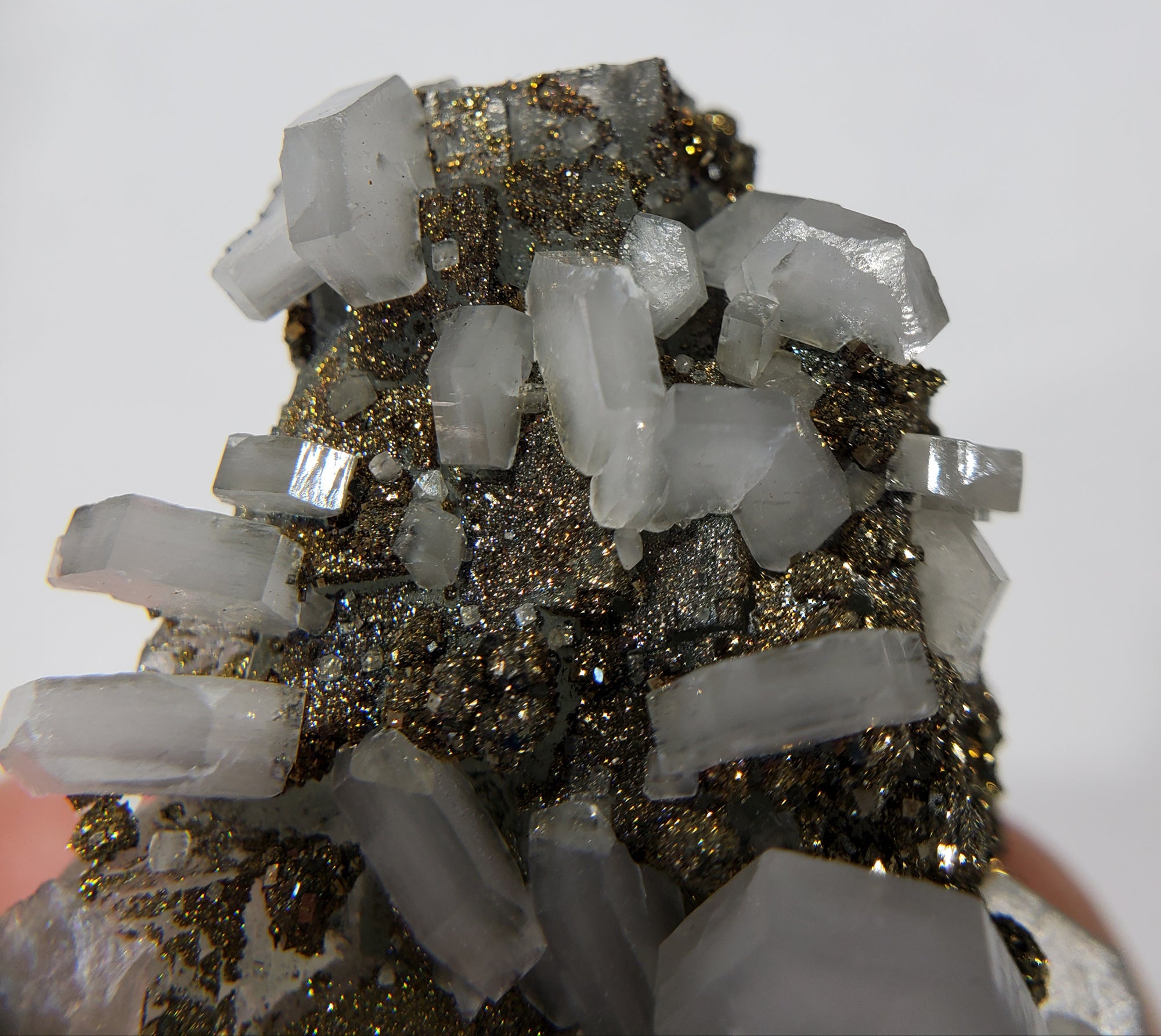 Calcite and Pyrite on Fluorite