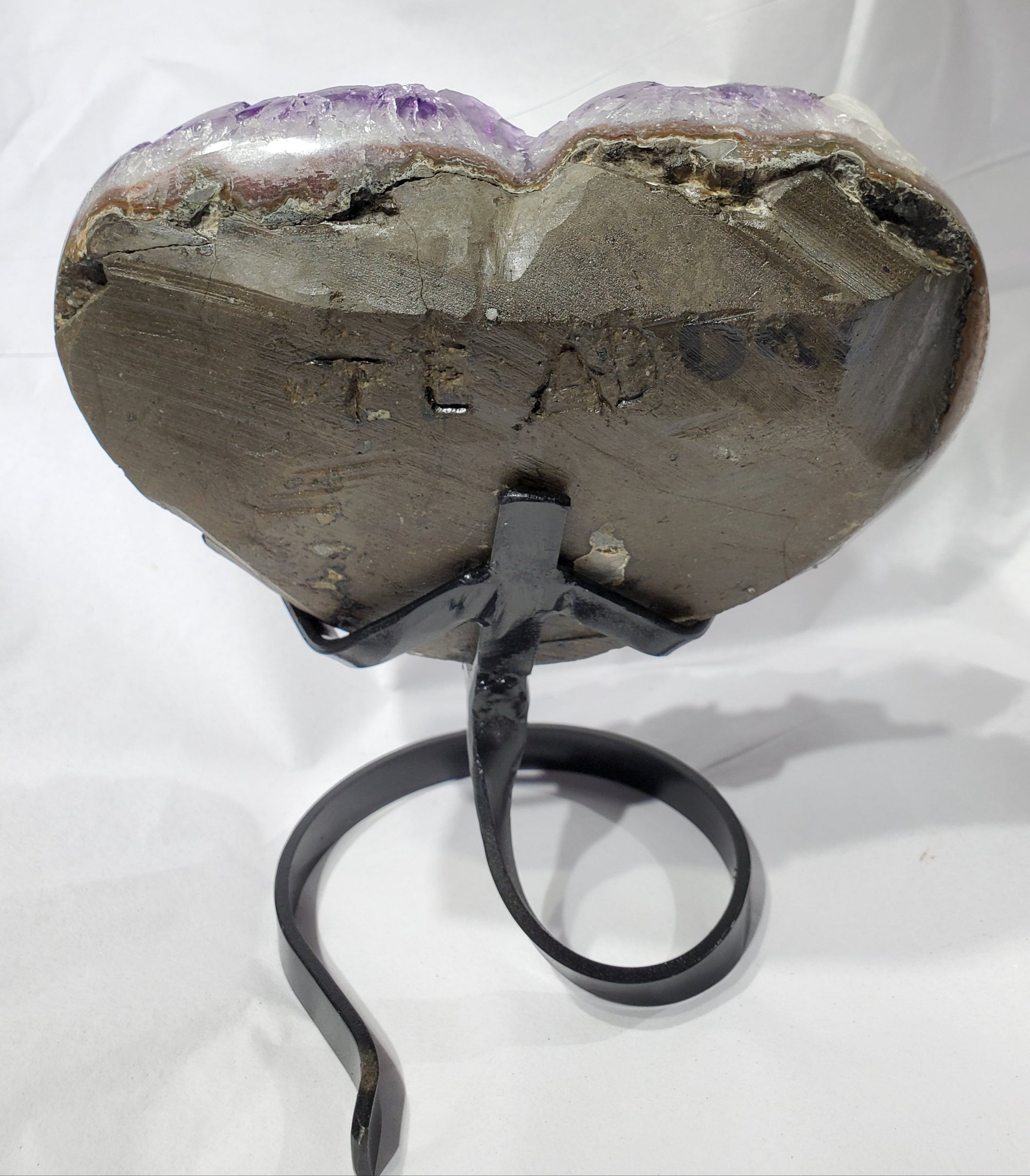 Amethyst and Calcite Heart on Custom Metal Stand, Uruguay