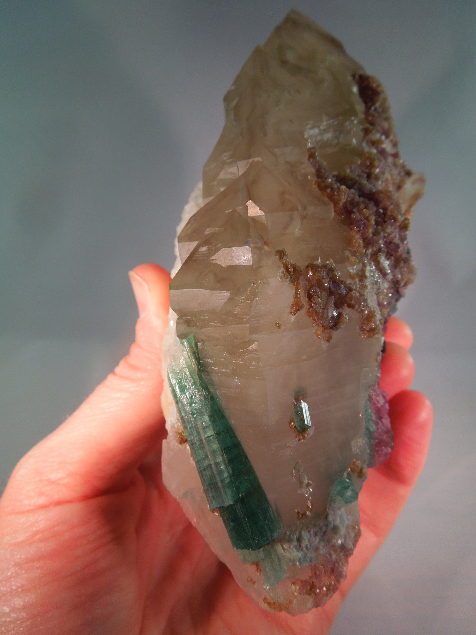 Smoky Elestial Quartz w/ Tourmaline & Lepidolite, 1.56 lbs.