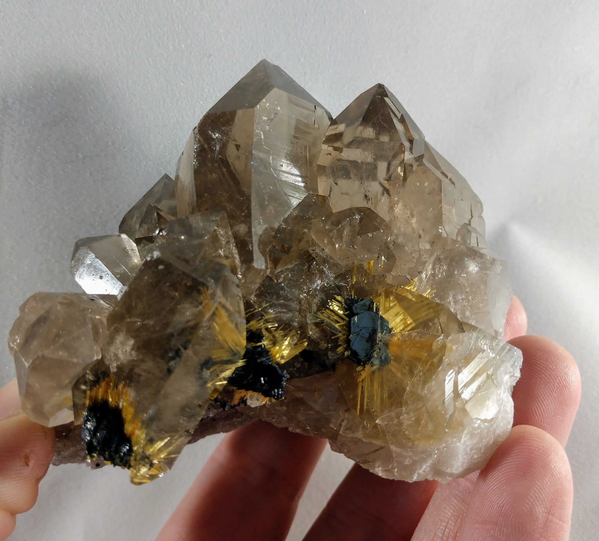 Smoky Quartz Cluster with Rutile and Hematite
