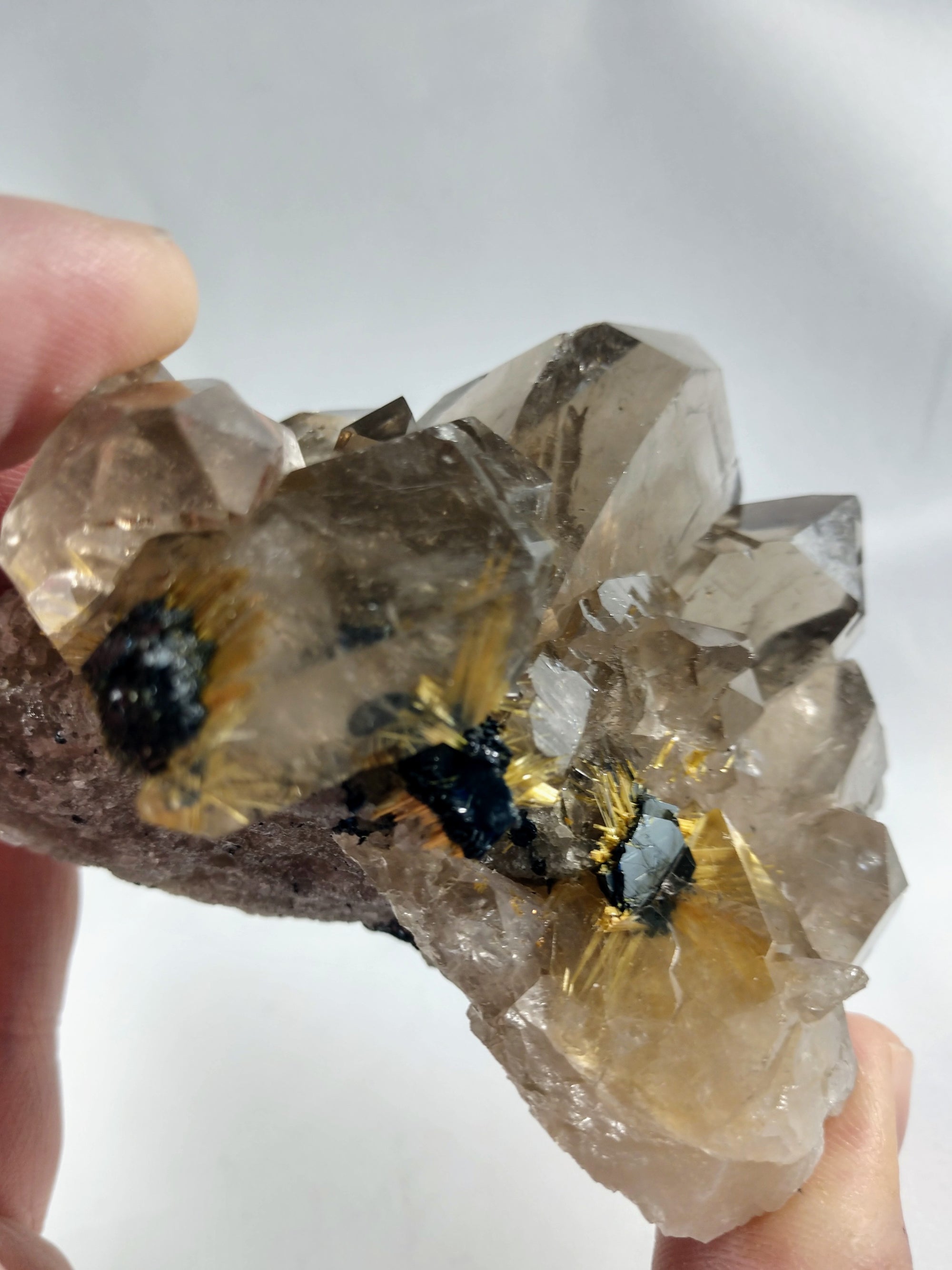 Smoky Quartz Cluster with Rutile and Hematite