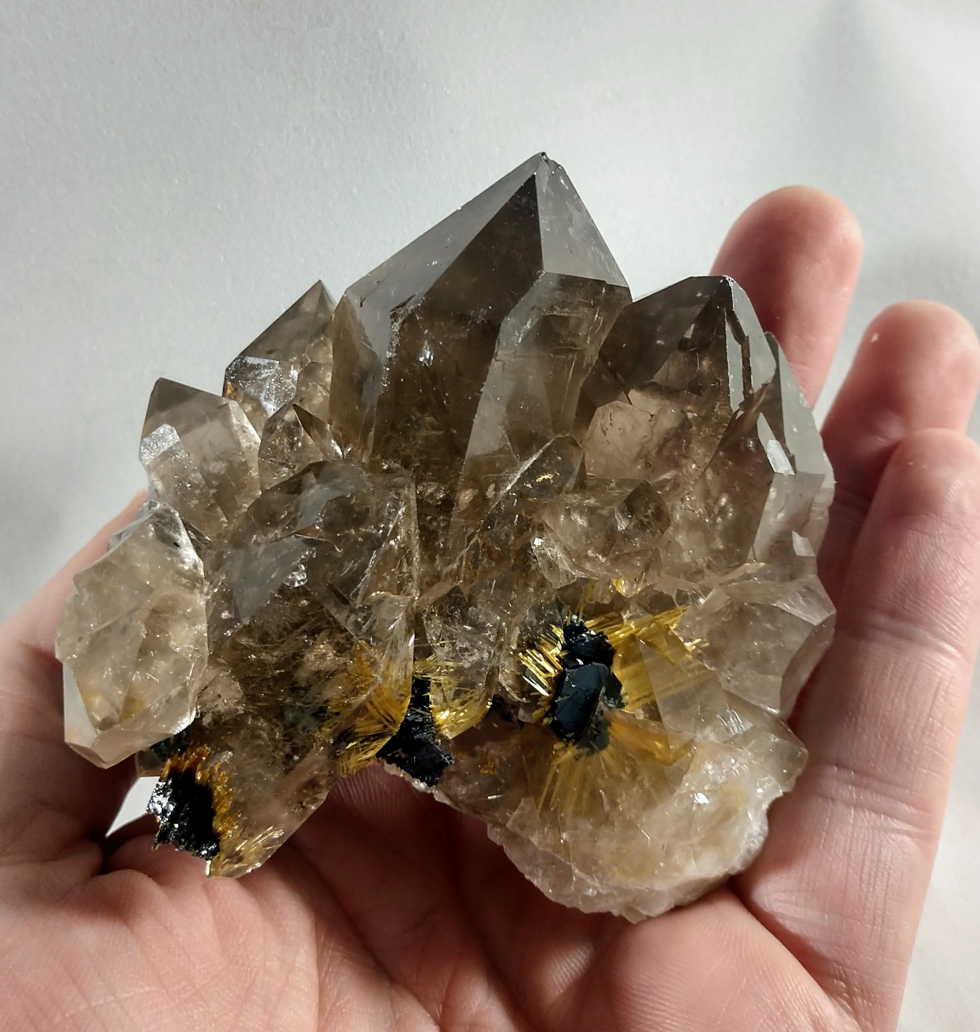 Smoky Quartz Cluster with Rutile and Hematite