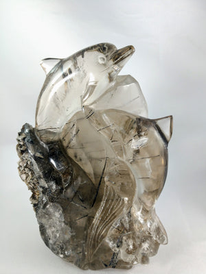 Tourmalinated Smoky Quartz Dolphin Carving