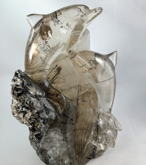 Tourmalinated Smoky Quartz Dolphin Carving