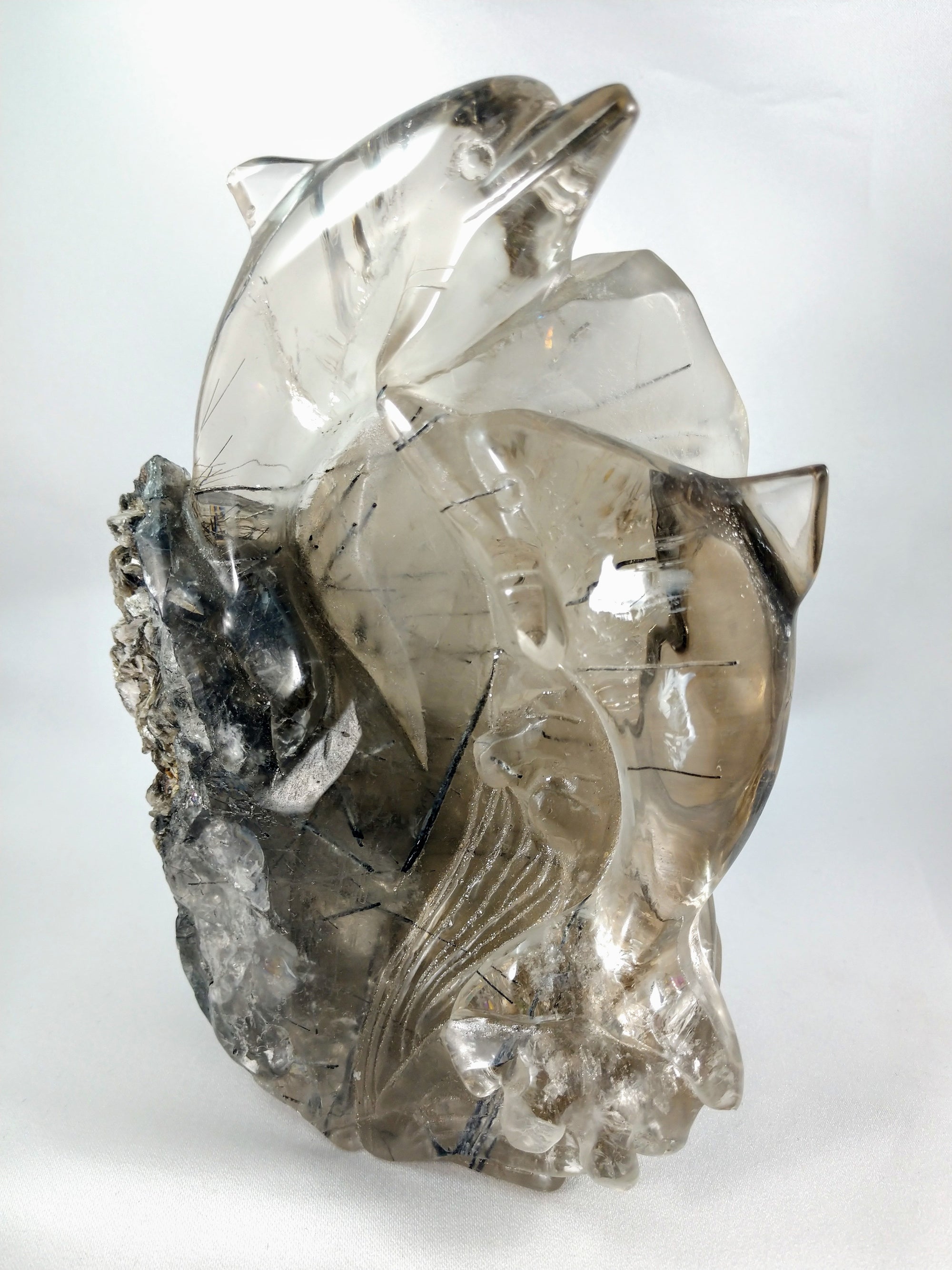 Tourmalinated Smoky Quartz Dolphin Carving