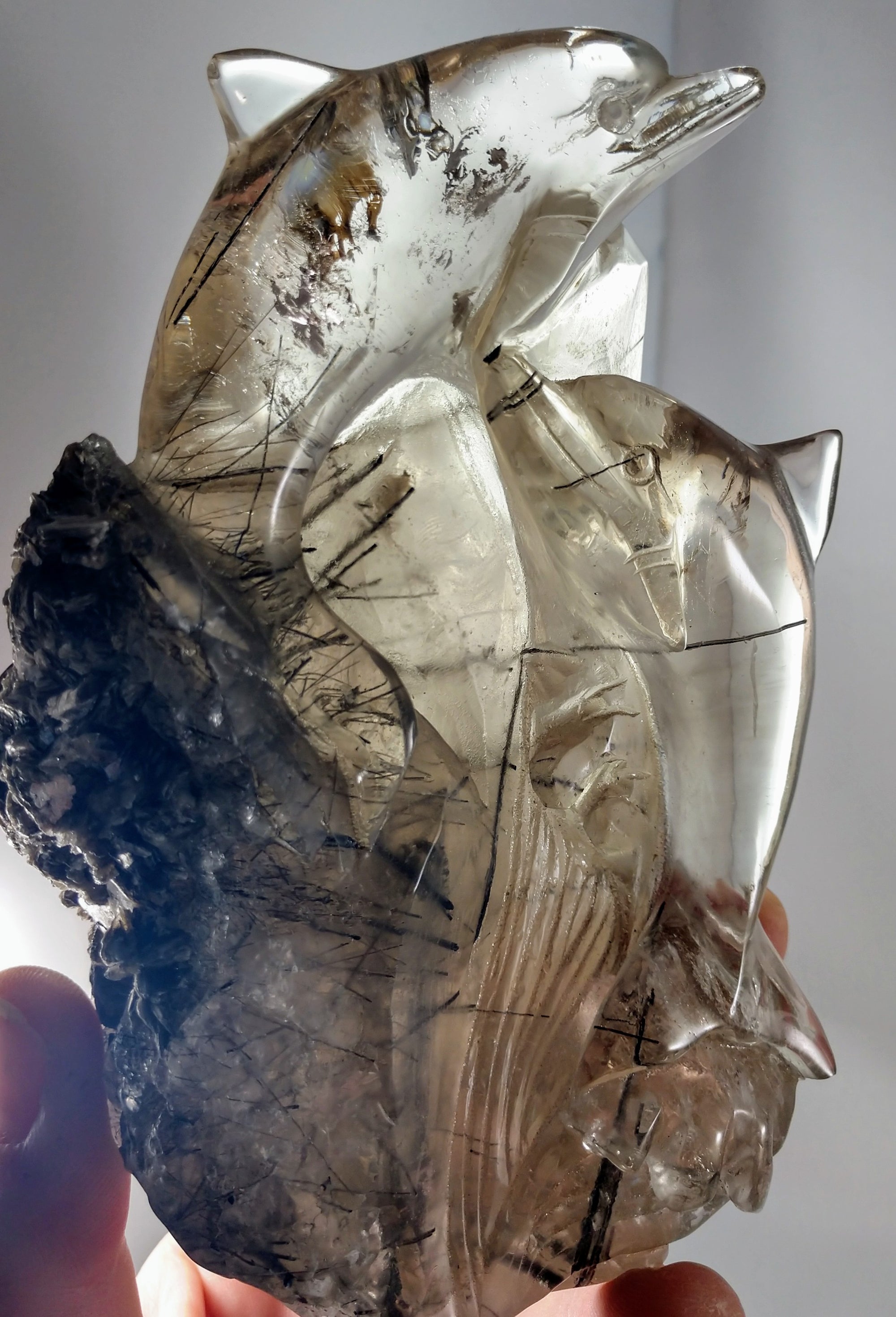 Tourmalinated Smoky Quartz Dolphin Carving