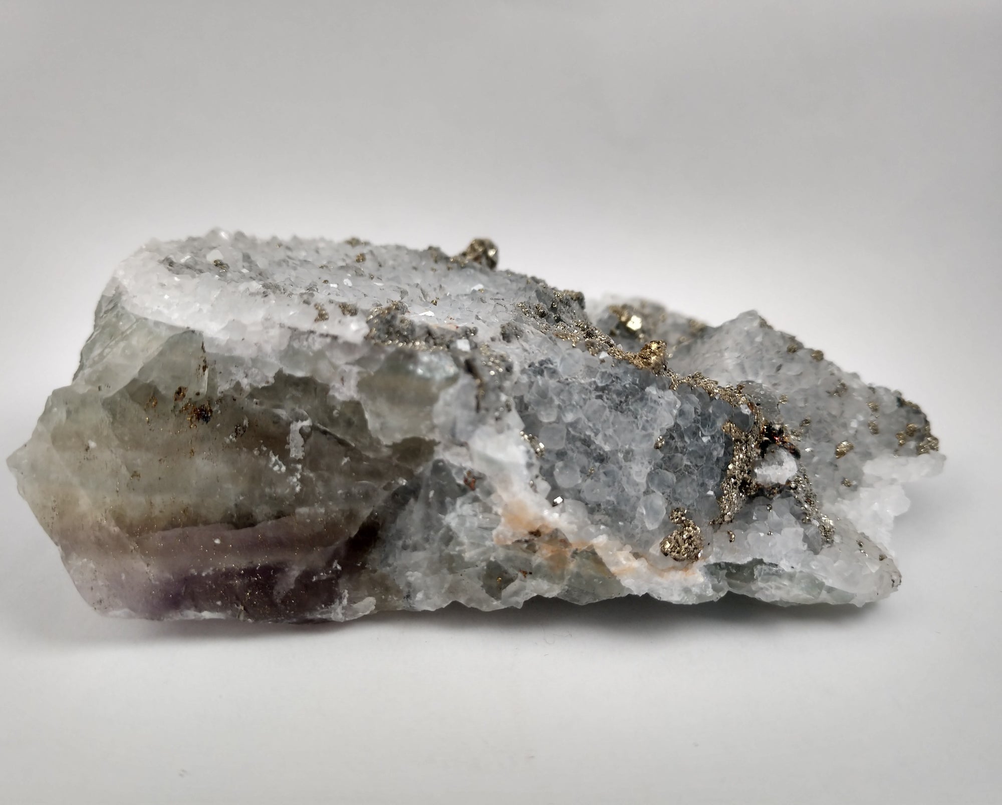 Quartz w/ Pyrite, Chalcopyrite on Fluorite (China)