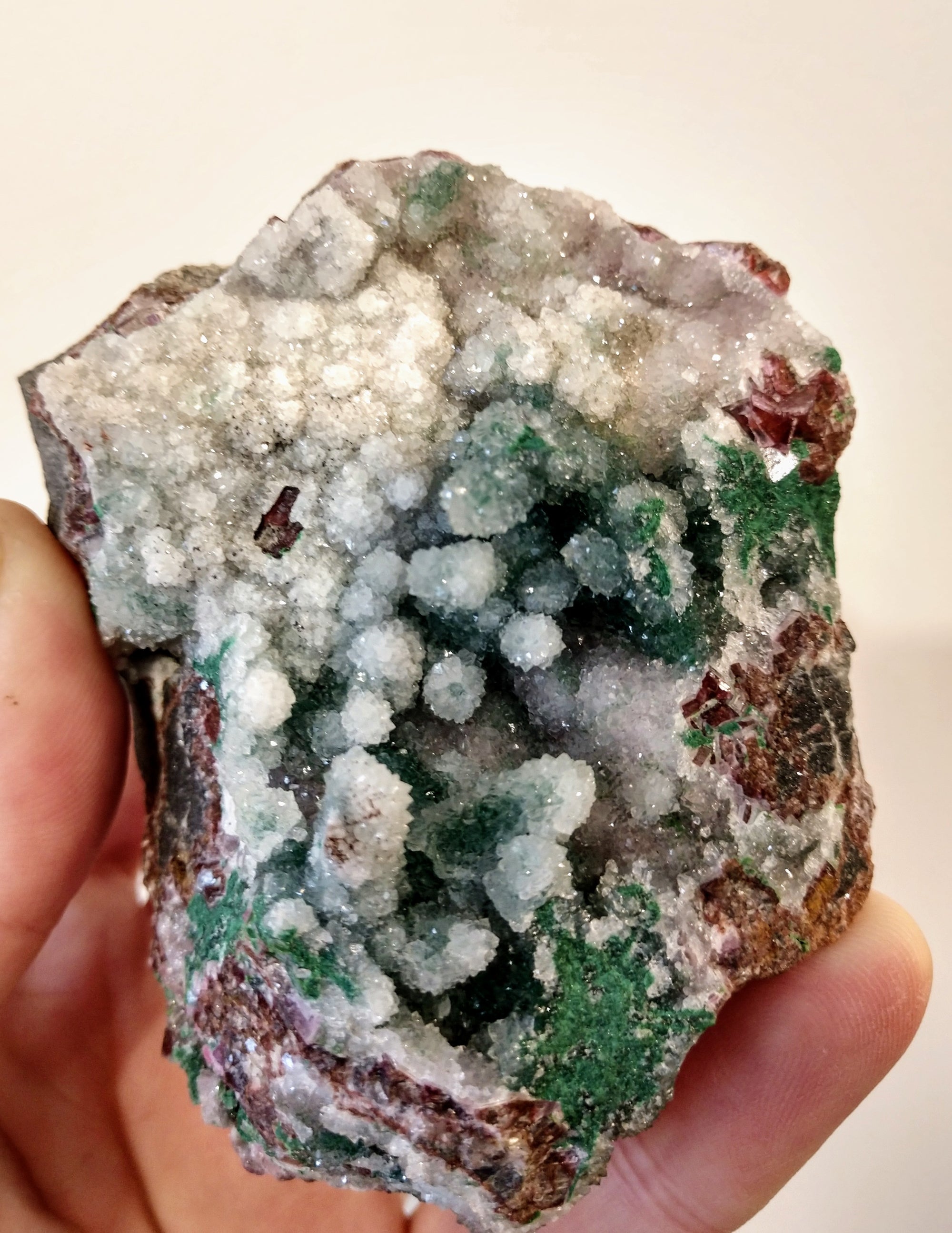 Druzy Quartz Over Malachite with Calcite from the Congo