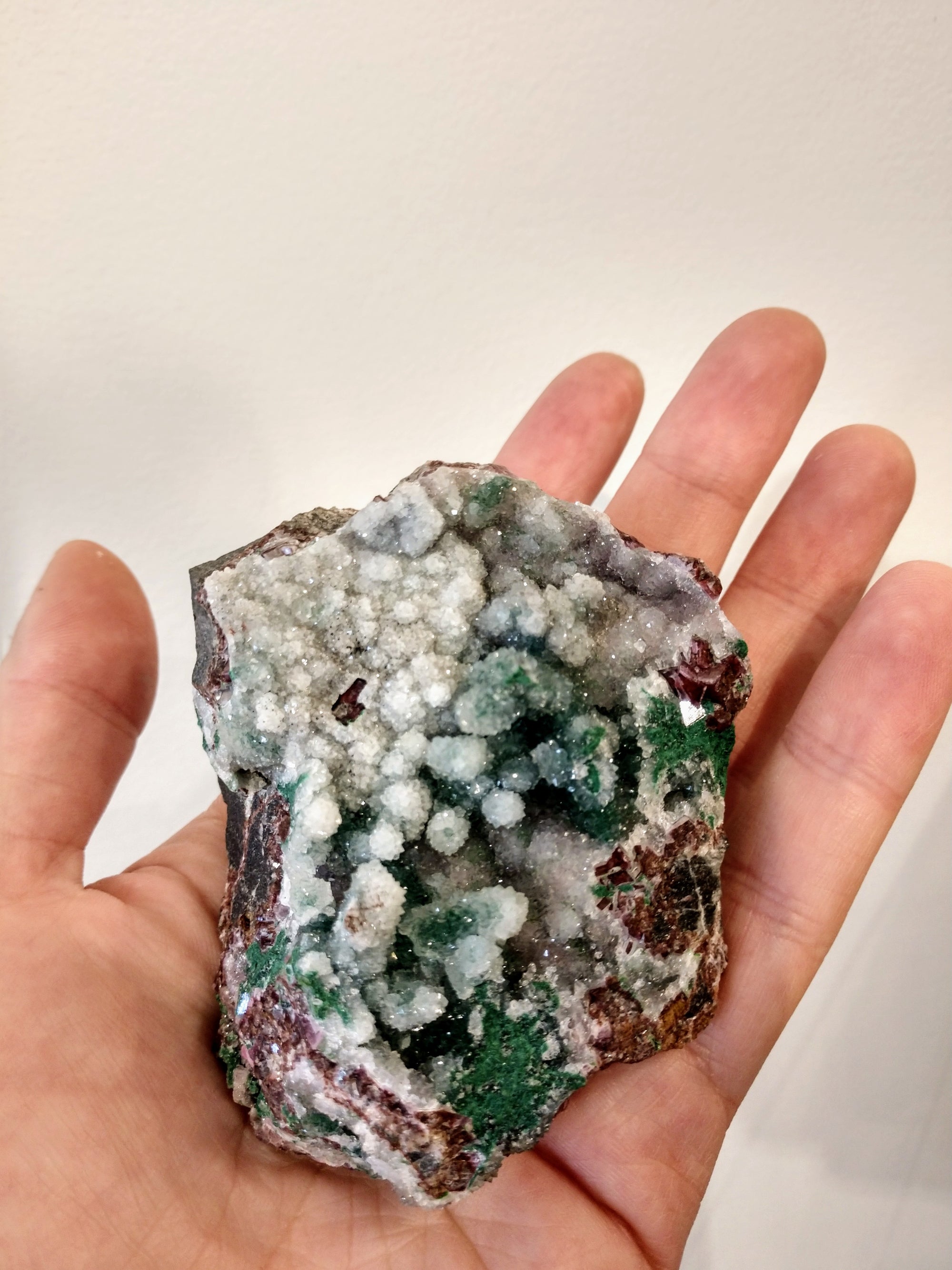 Druzy Quartz Over Malachite with Calcite from the Congo