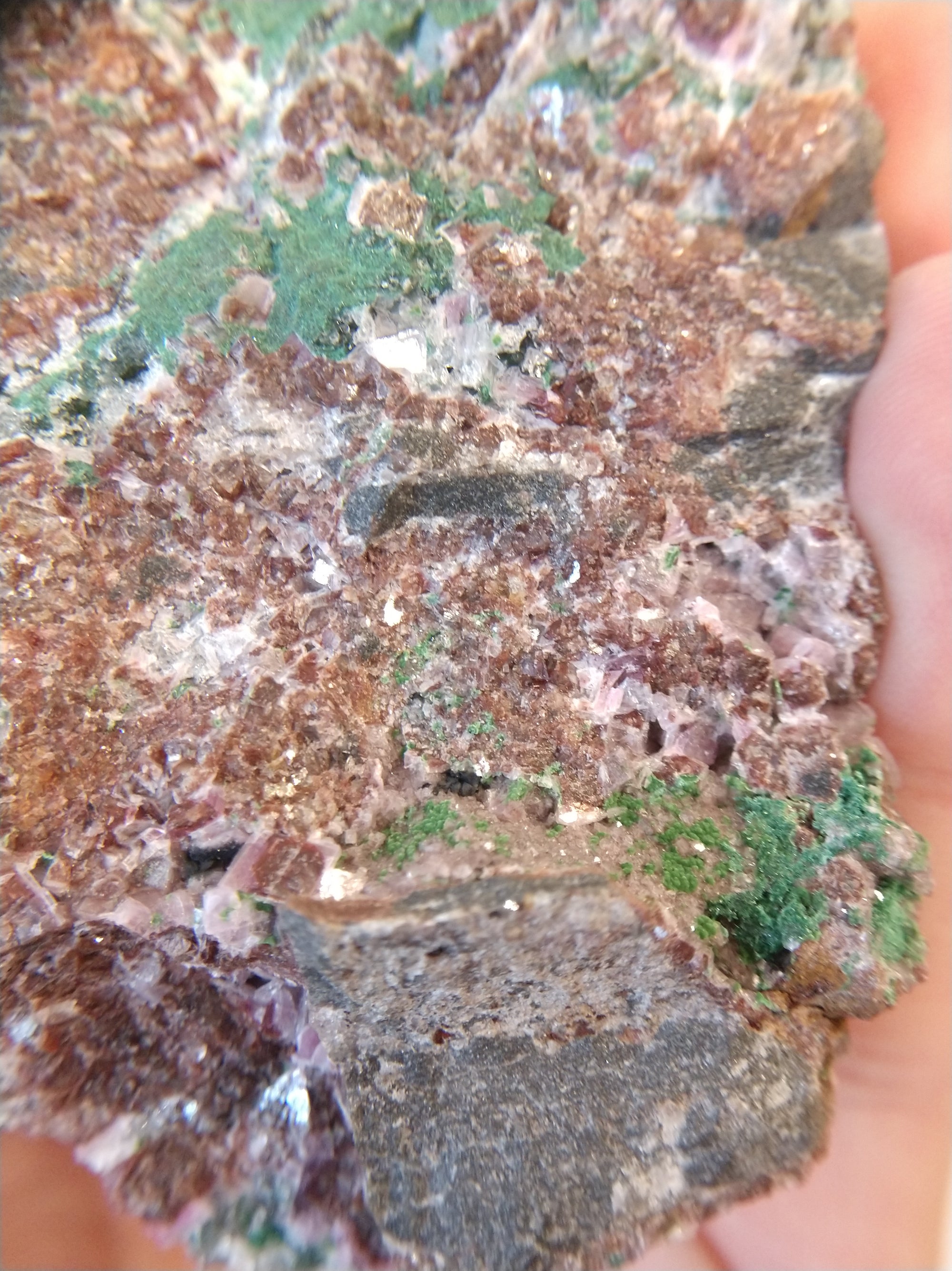 Druzy Quartz Over Malachite with Calcite from the Congo