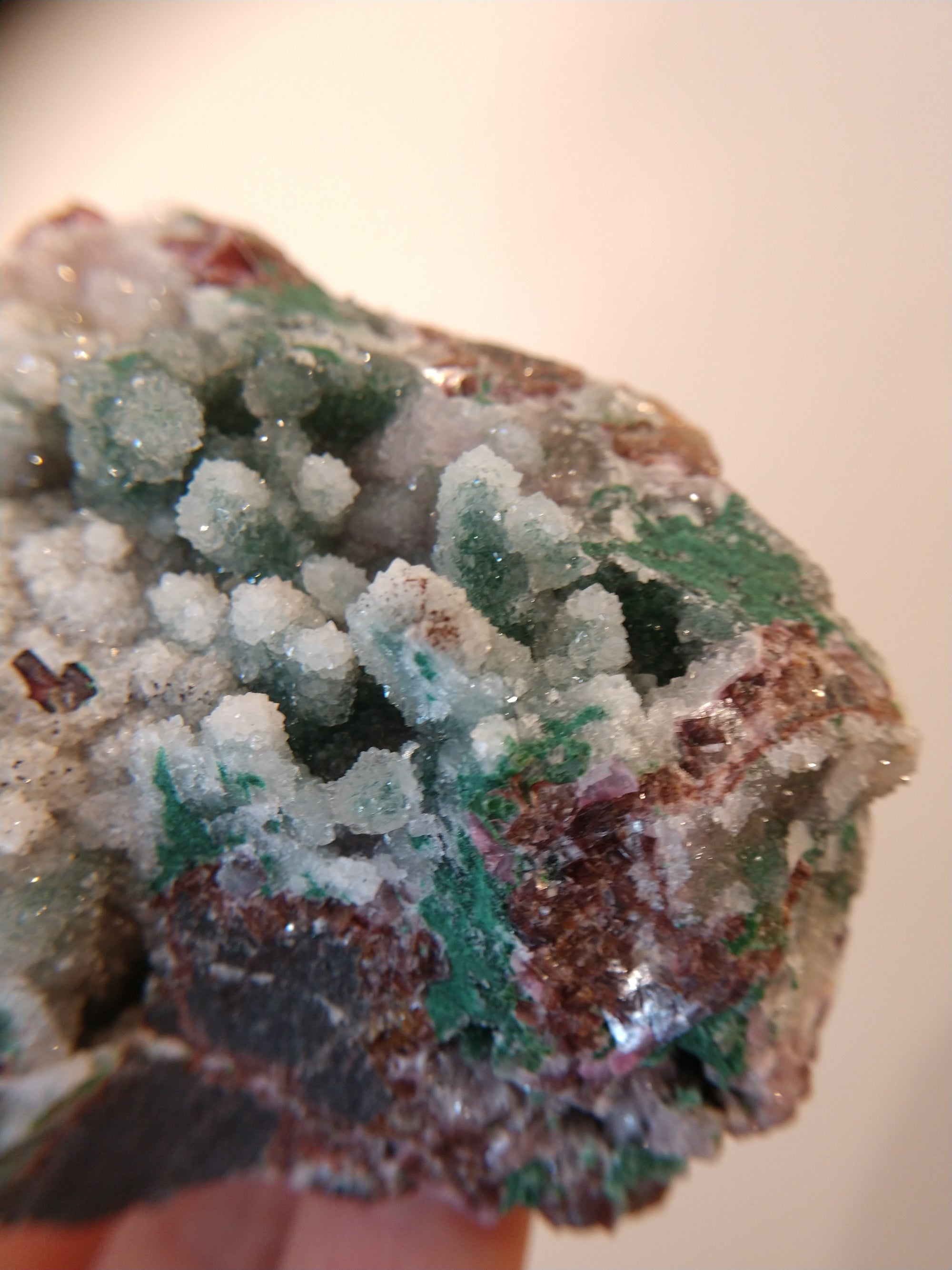 Druzy Quartz Over Malachite with Calcite from the Congo