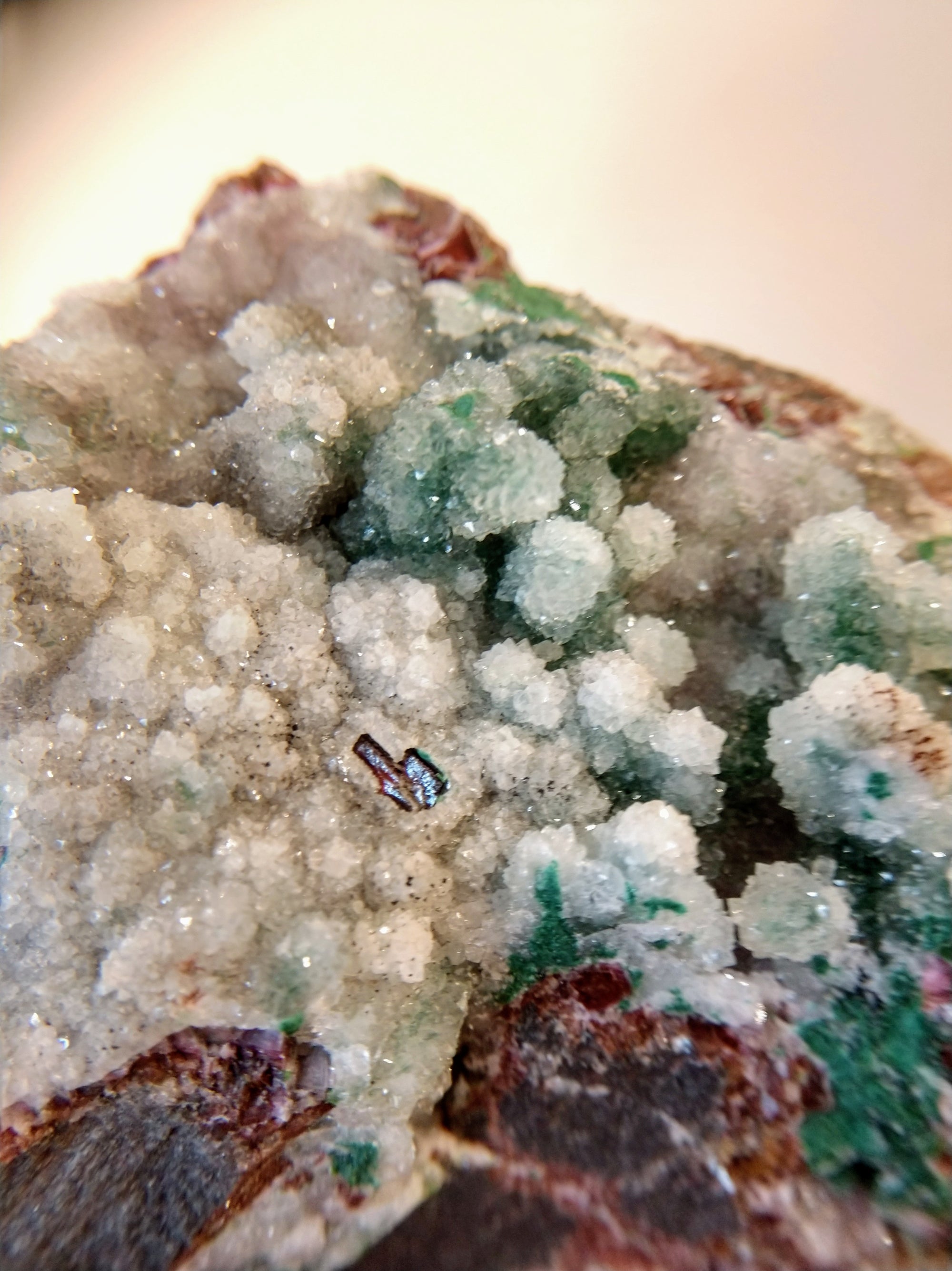Druzy Quartz Over Malachite with Calcite from the Congo