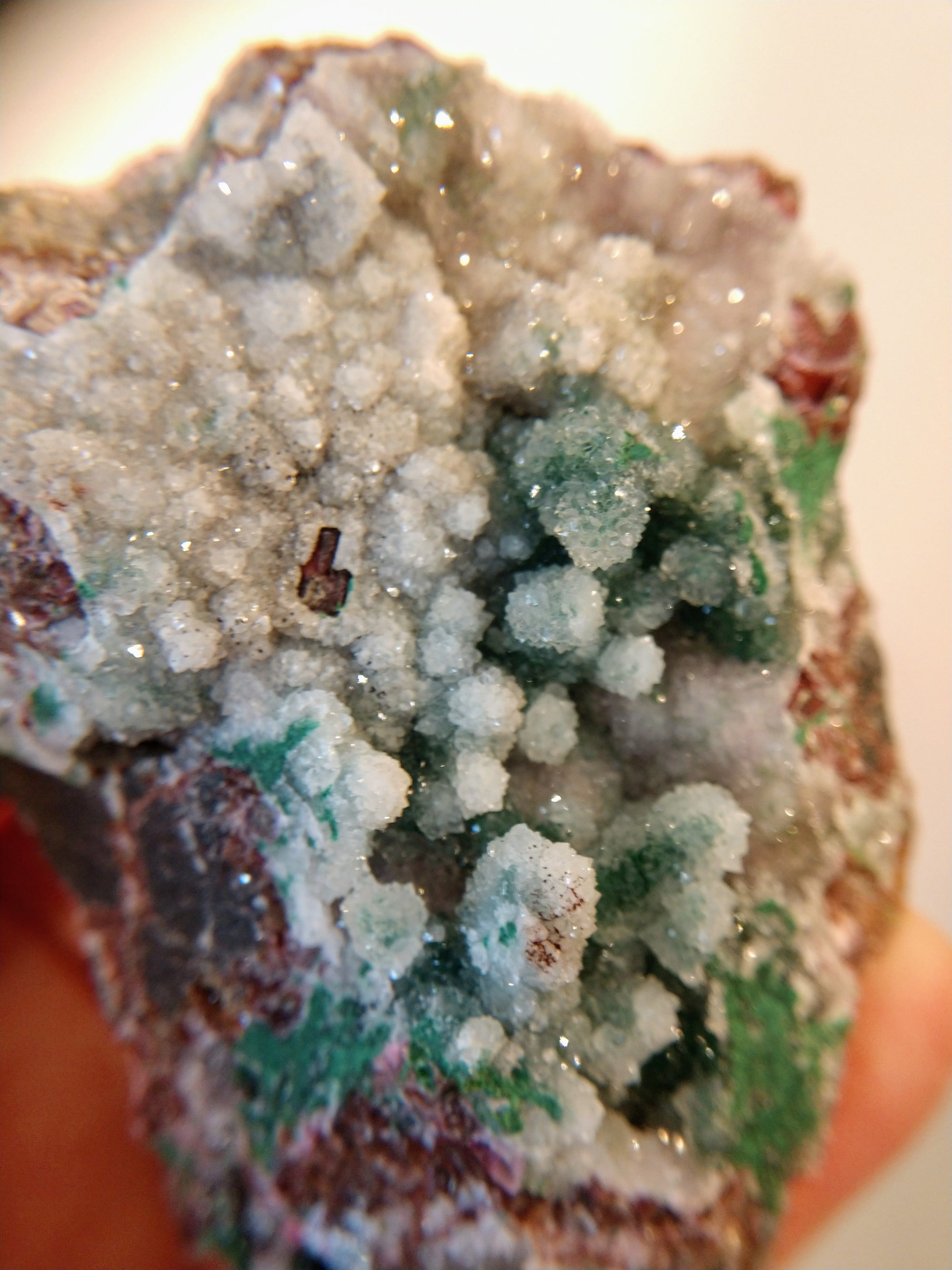 Druzy Quartz Over Malachite with Calcite from the Congo