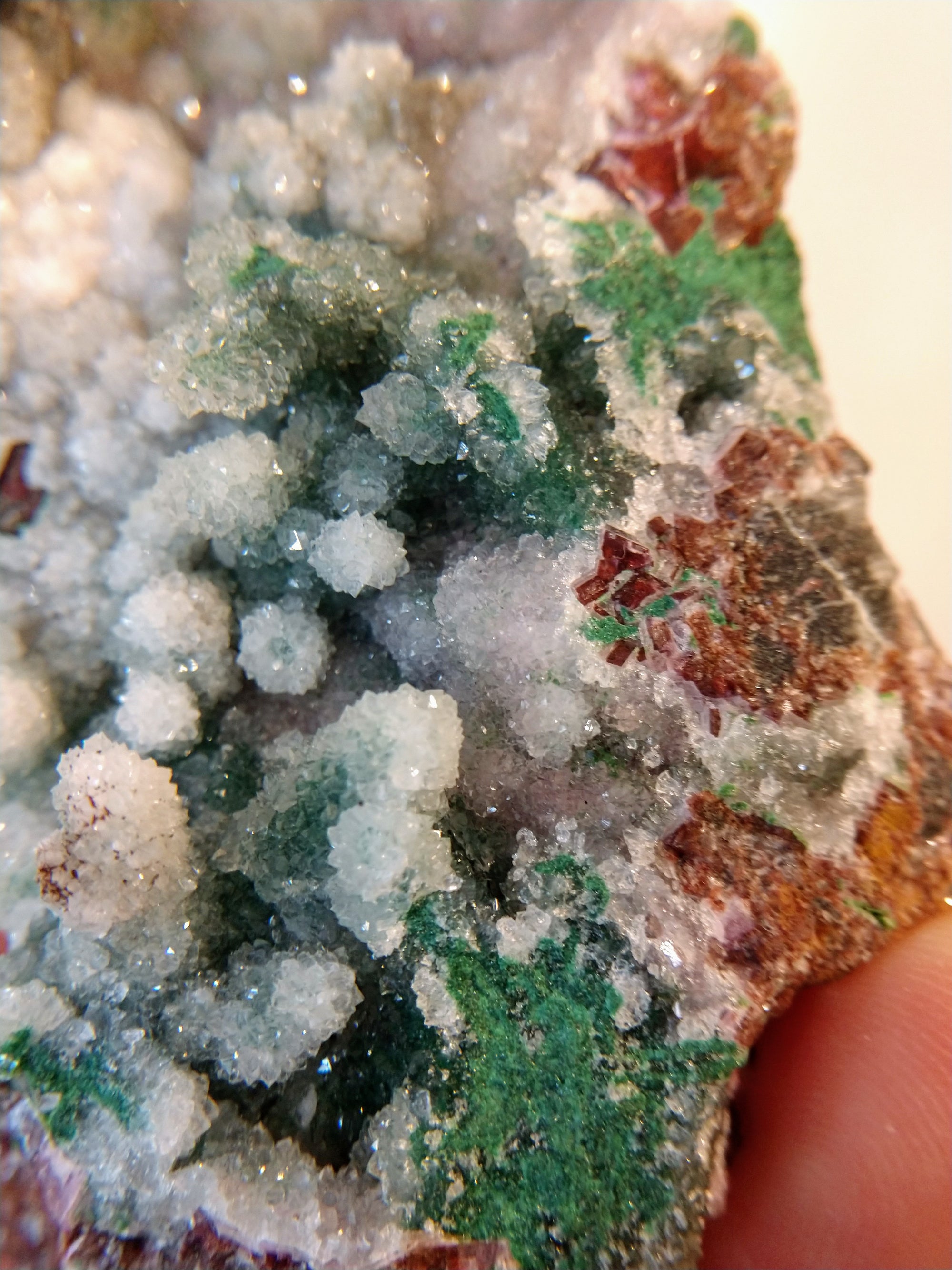 Druzy Quartz Over Malachite with Calcite from the Congo