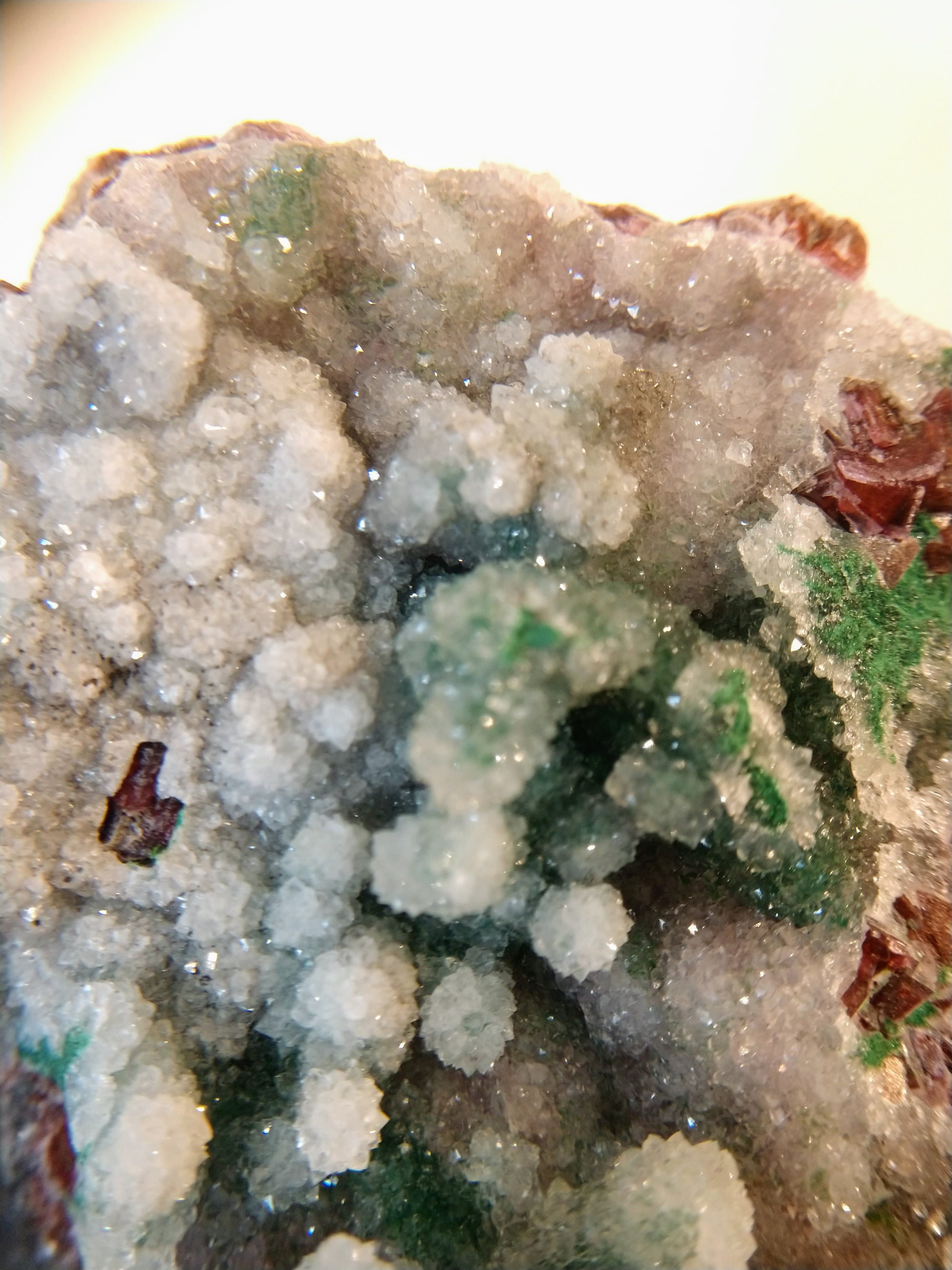 Druzy Quartz Over Malachite with Calcite from the Congo