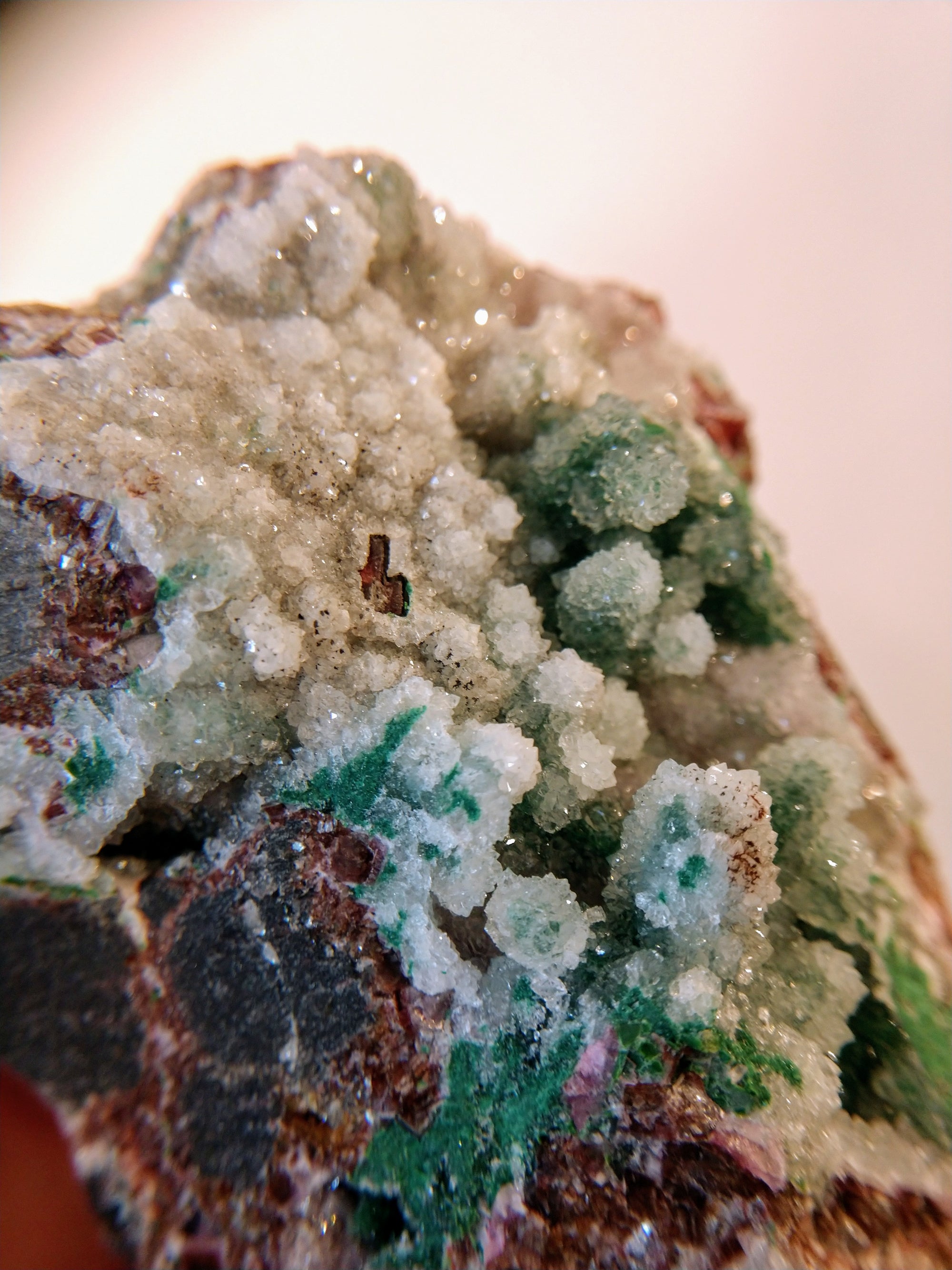 Druzy Quartz Over Malachite with Calcite from the Congo