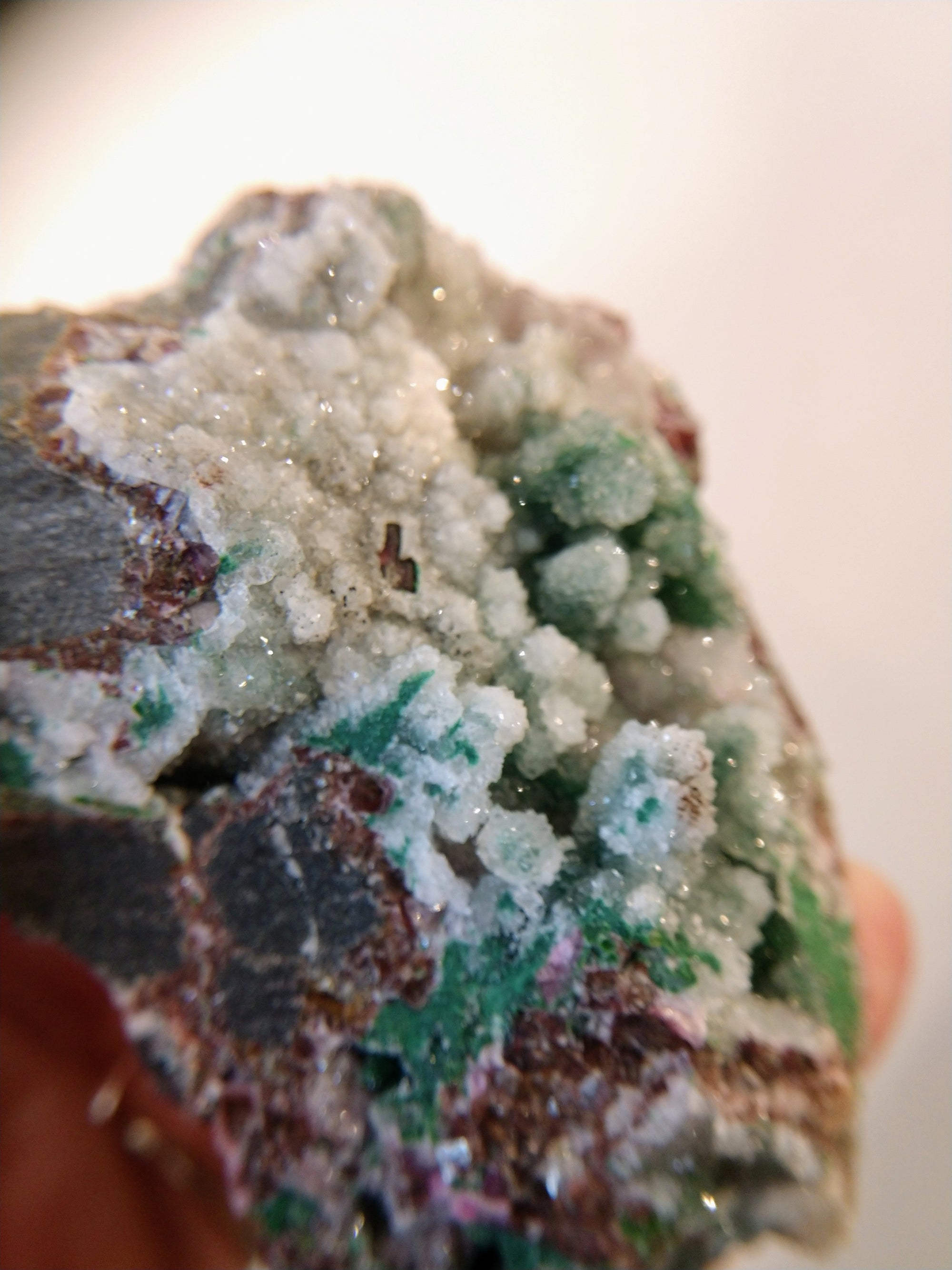 Druzy Quartz Over Malachite with Calcite from the Congo