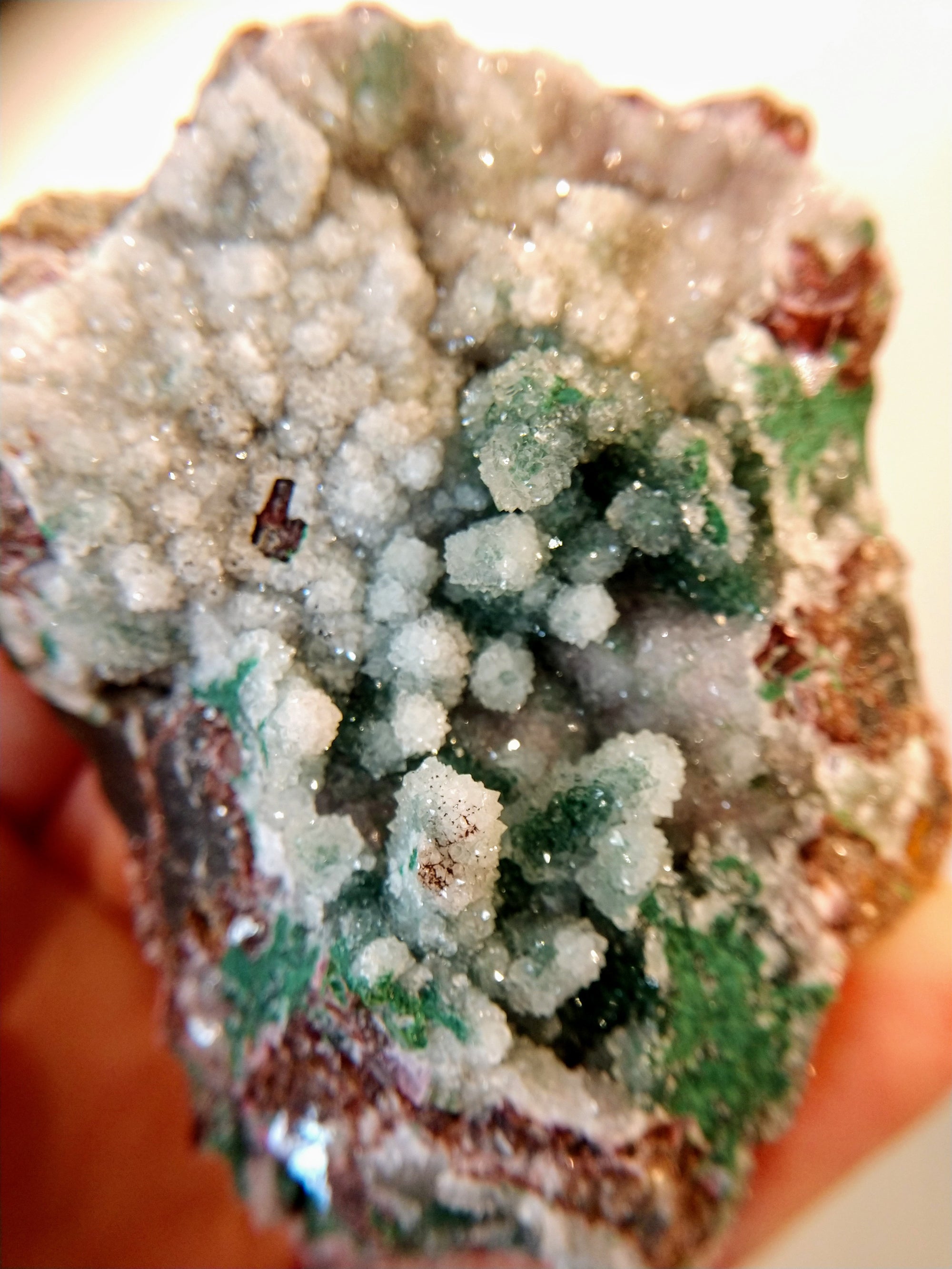 Druzy Quartz Over Malachite with Calcite from the Congo