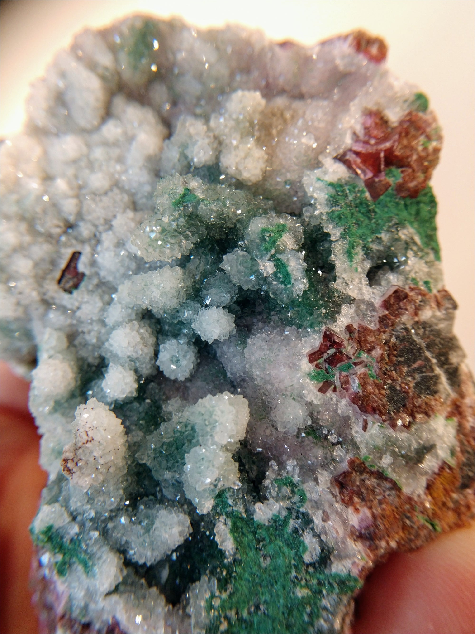 Druzy Quartz Over Malachite with Calcite from the Congo
