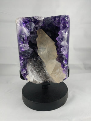 Amethyst w/ calcite formation on custom rotating metal stand