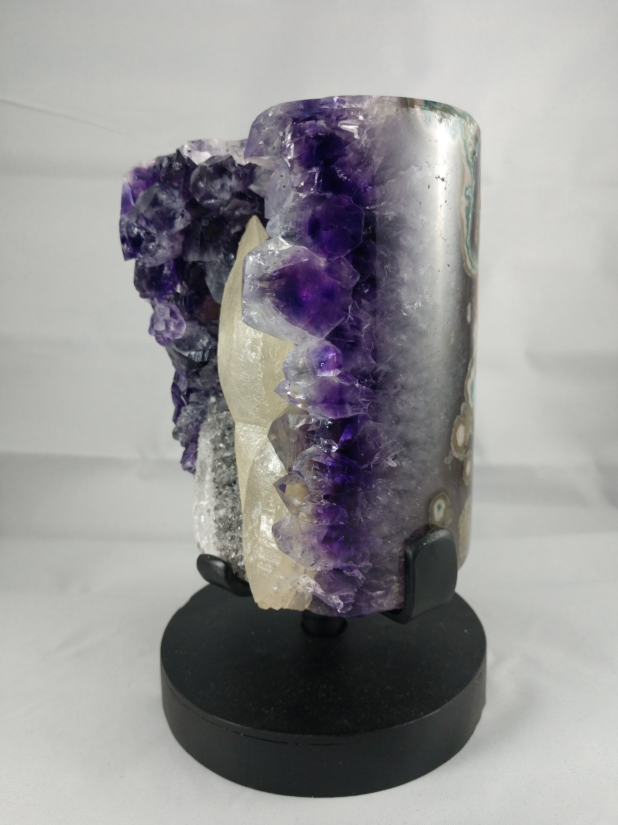 Amethyst w/ calcite formation on custom rotating metal stand