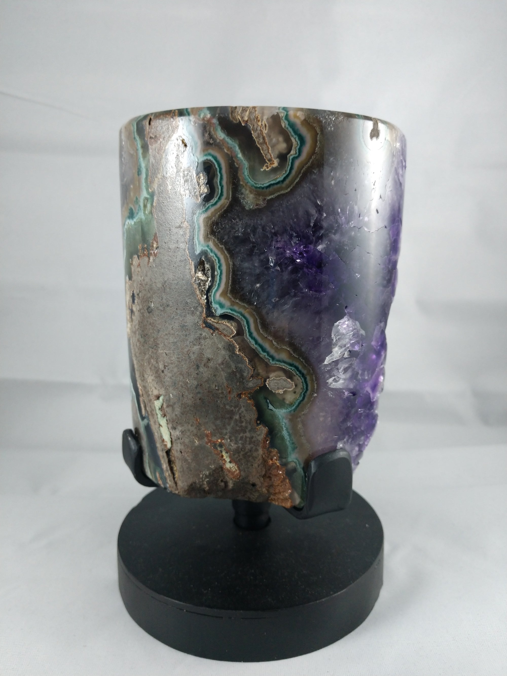 Amethyst w/ calcite formation on custom rotating metal stand