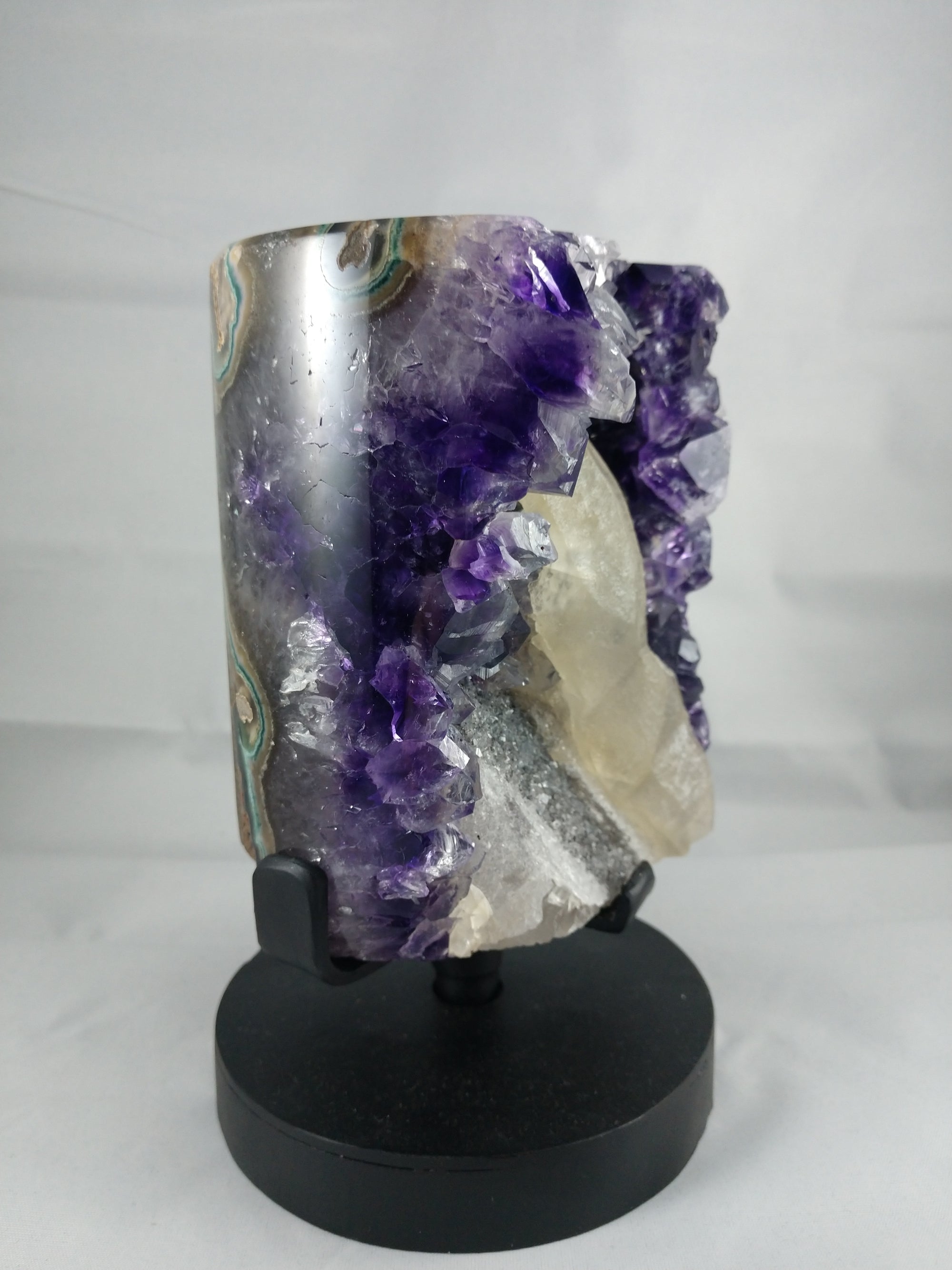 Amethyst w/ calcite formation on custom rotating metal stand