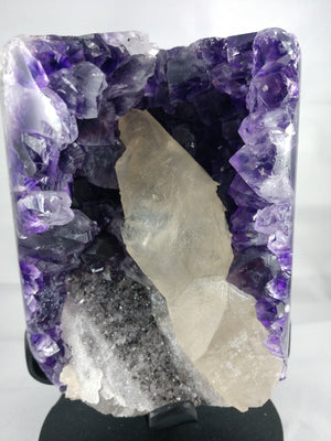 Amethyst w/ calcite formation on custom rotating metal stand