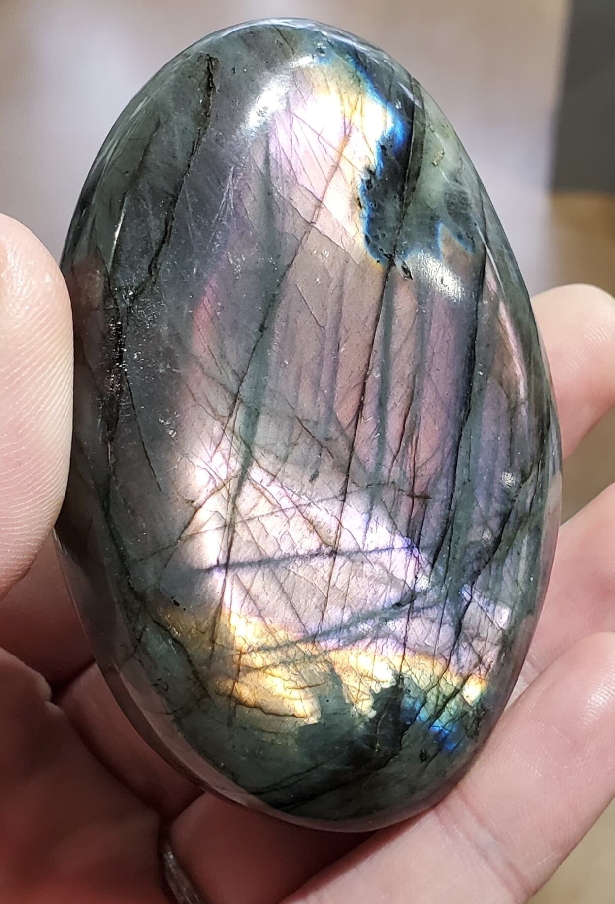 Purple-Pink Labradorite Palm Stone, Madagascar